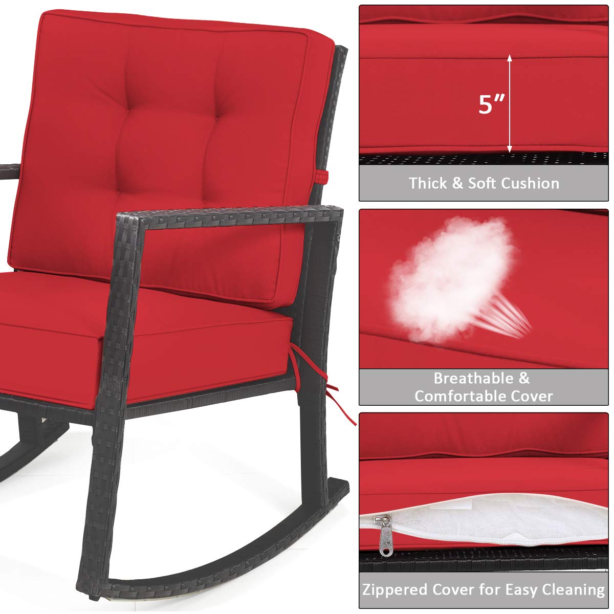 HAPPYGRILL Wicker Rocking Chair - Heavy-Duty Outdoor Patio Glider with Thick Cushion, Rattan Garden Rocking Chair for Backyard, Porch & Poolside Relaxation