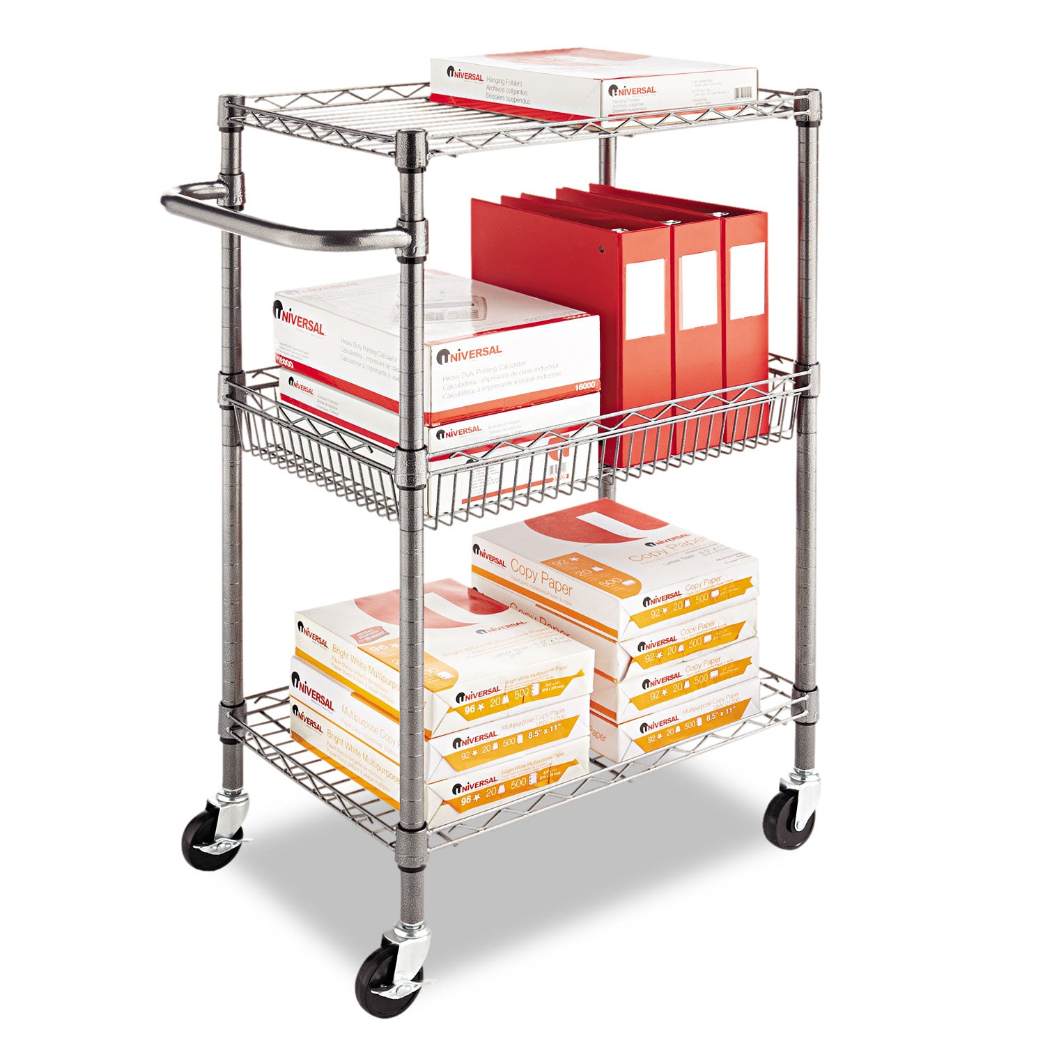 Alera® 3-Tier Heavy Duty Wire Utility Cart with Storage Basket - 500 lb Capacity Metal Rolling Cart, 28