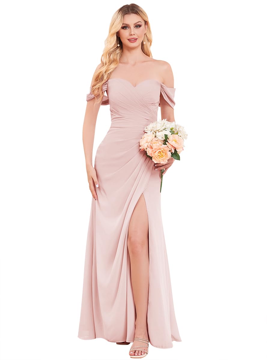 Elegant Off Shoulder Chiffon Bridesmaid Dress with High Slit & Ruched Mermaid Hem - Long Formal Evening Gowns for Weddings, Proms & Special Occasions
