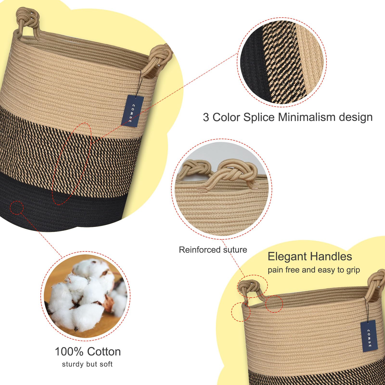 COMSE Extra Large Woven Storage Basket - 15.7”x 21.7” Cotton Rope Laundry Hamper for Nursery, Toys, Clothes & Towels (Brown/Black) | Perfect for Home Organization, Baby Room & Closet Storage