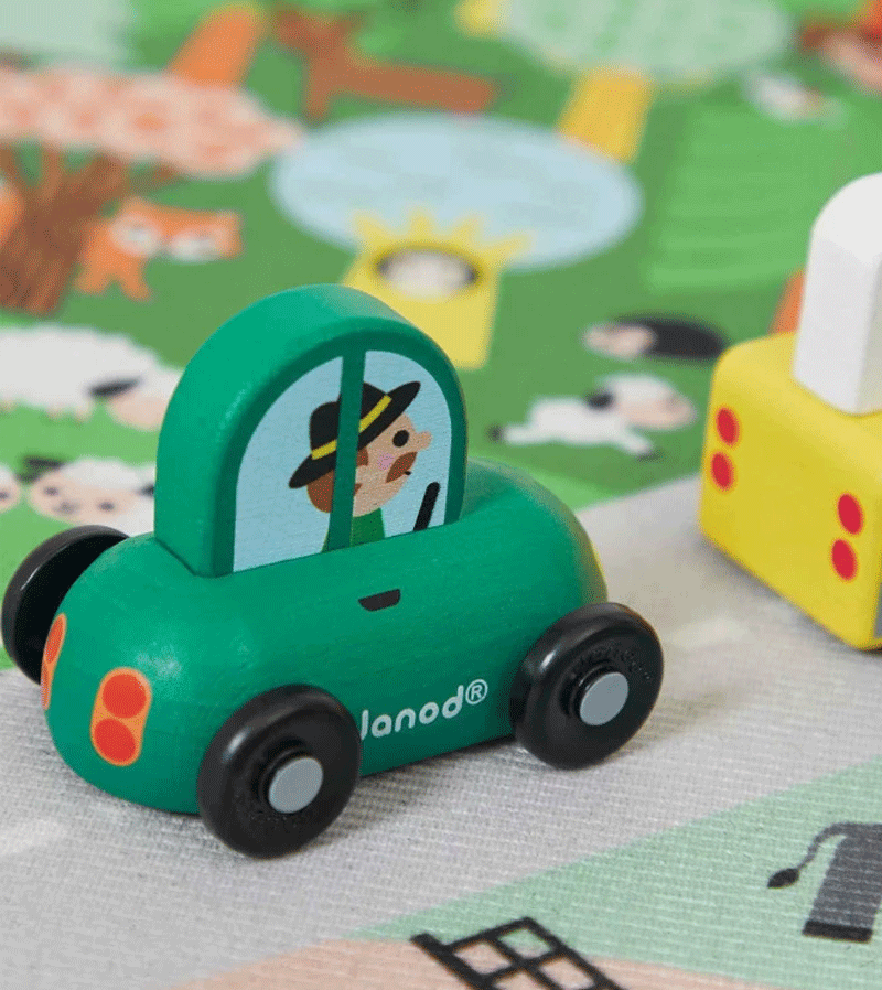 Janod Wooden Countryside Car Crossroads Toy - Educational Road Play Set for Kids, Perfect for Imaginative Play & Learning Traffic Rules