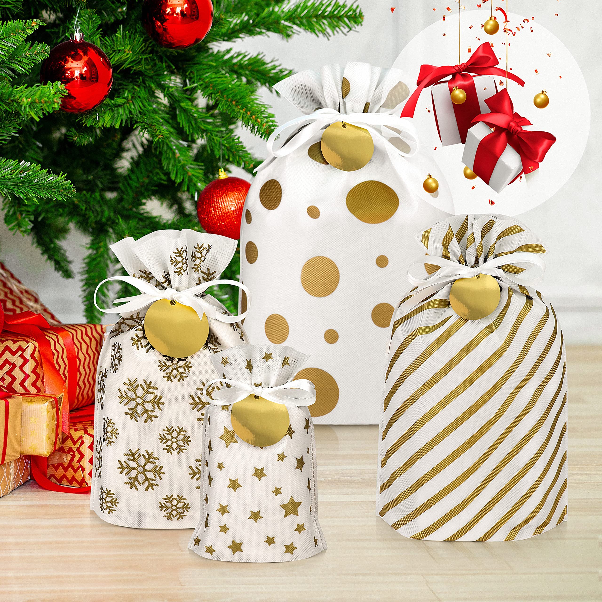 6-Piece Reusable Christmas Fabric Gift Bags with Drawstring - Large Holiday Present Wrapping Bags in Gold (Assorted Sizes) - Perfect for Holiday Gifts, Party Favors & Stocking Stuffers