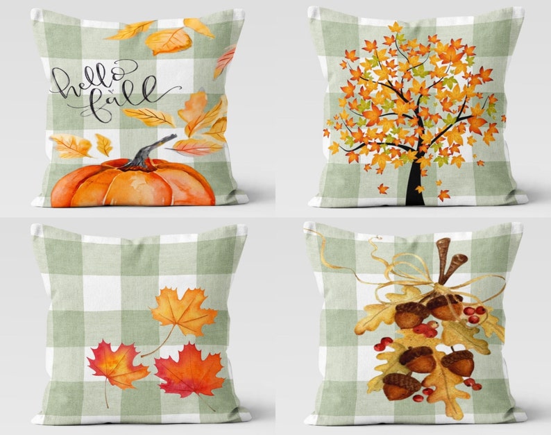 Hello Fall Set of 4 Decorative Pillow Covers - Autumn Home Decor for Living Room, Bedroom & Porch