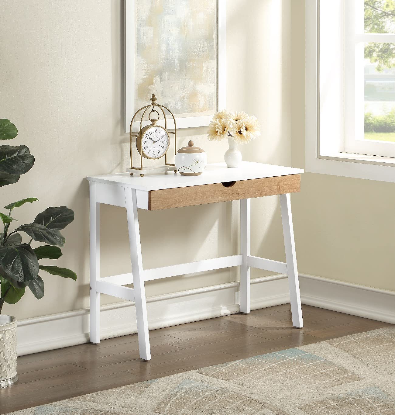Modern White Vanity Desk with Spacious Tabletop & Large Drawer - Stylish Home Office Writing Table for Women, Workstation, Makeup Dressing & Study Desk - Perfect for Small Spaces & Bedroom Decor