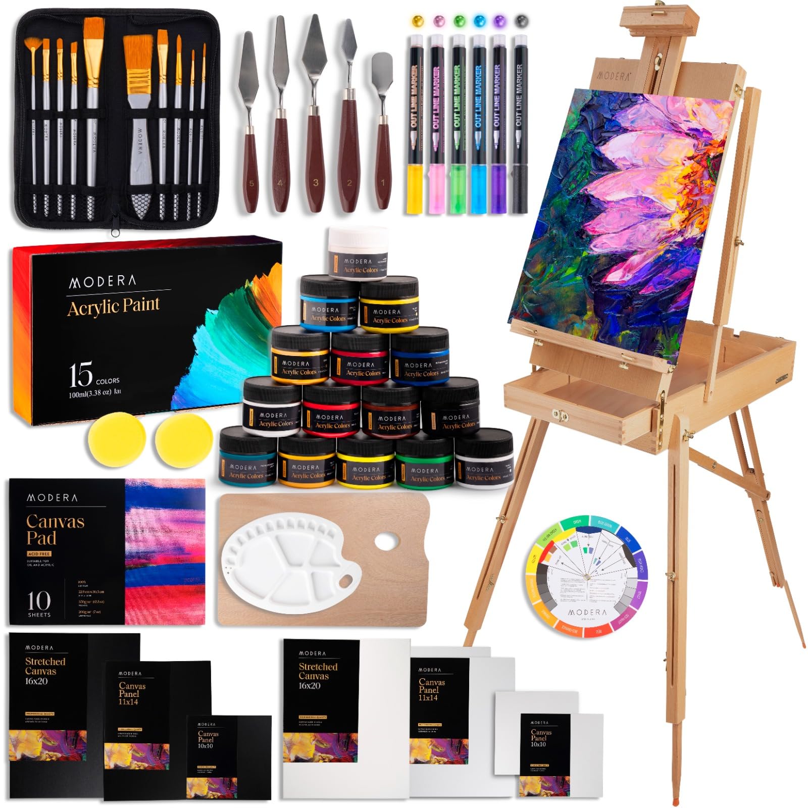 Professional French Easel Acrylic Painting Set - Deluxe Artist Supplies Kit with Coronado Style Wooden Field & Studio Sketch Box Easel | Includes Stretched & Panel Canvases, Premium Brushes, Knives, Palettes | Perfect for Outdoor Plein Air Painting, Studio Artwork & Art Classes
