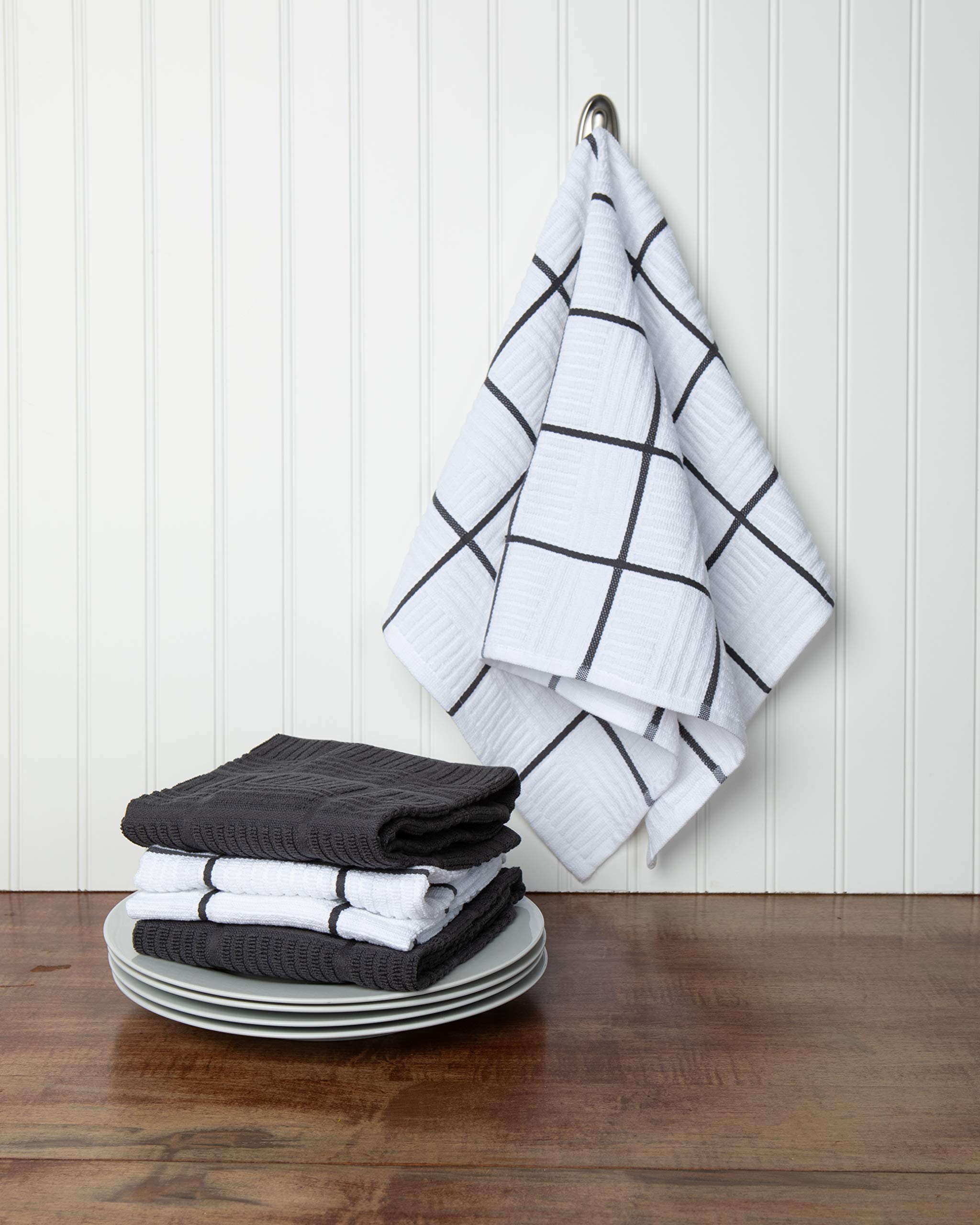Premium Sticky Toffee Kitchen Towels Set of 4 - 100% Cotton Absorbent Hand & Tea Towels (28x16 Inch) | Gray & White Reusable Cleaning Cloths | Oeko-Tex Certified | Perfect for Dish Drying, Counter Cleaning & Gift Giving