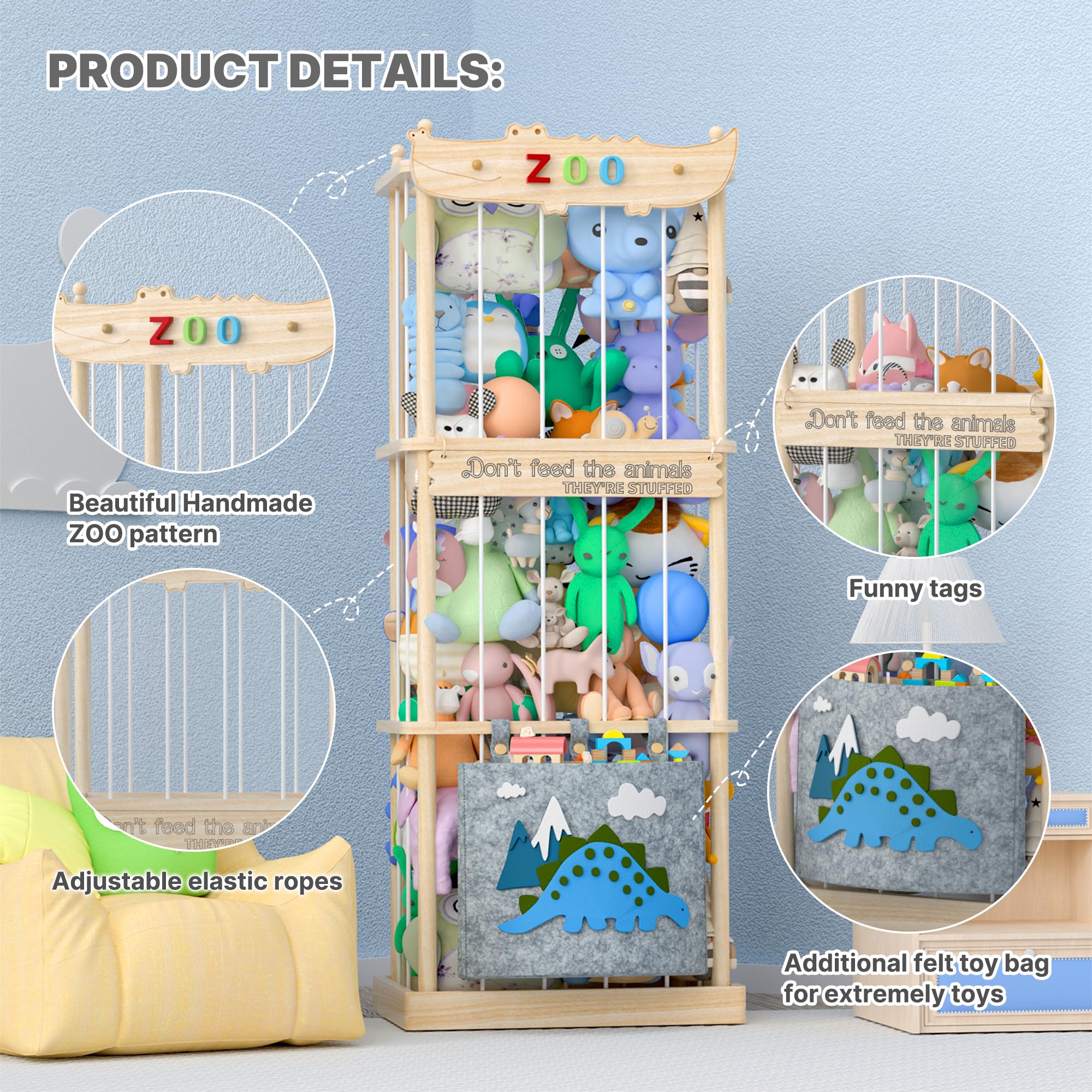 Upgraded Wooden Stuffed Animal Storage Organizer - XXL Toy Chest & Plushie Net for Kids Nursery, Playroom & Bedroom | Perfect for Organizing Stuffed Toys, Books & Baby Essentials