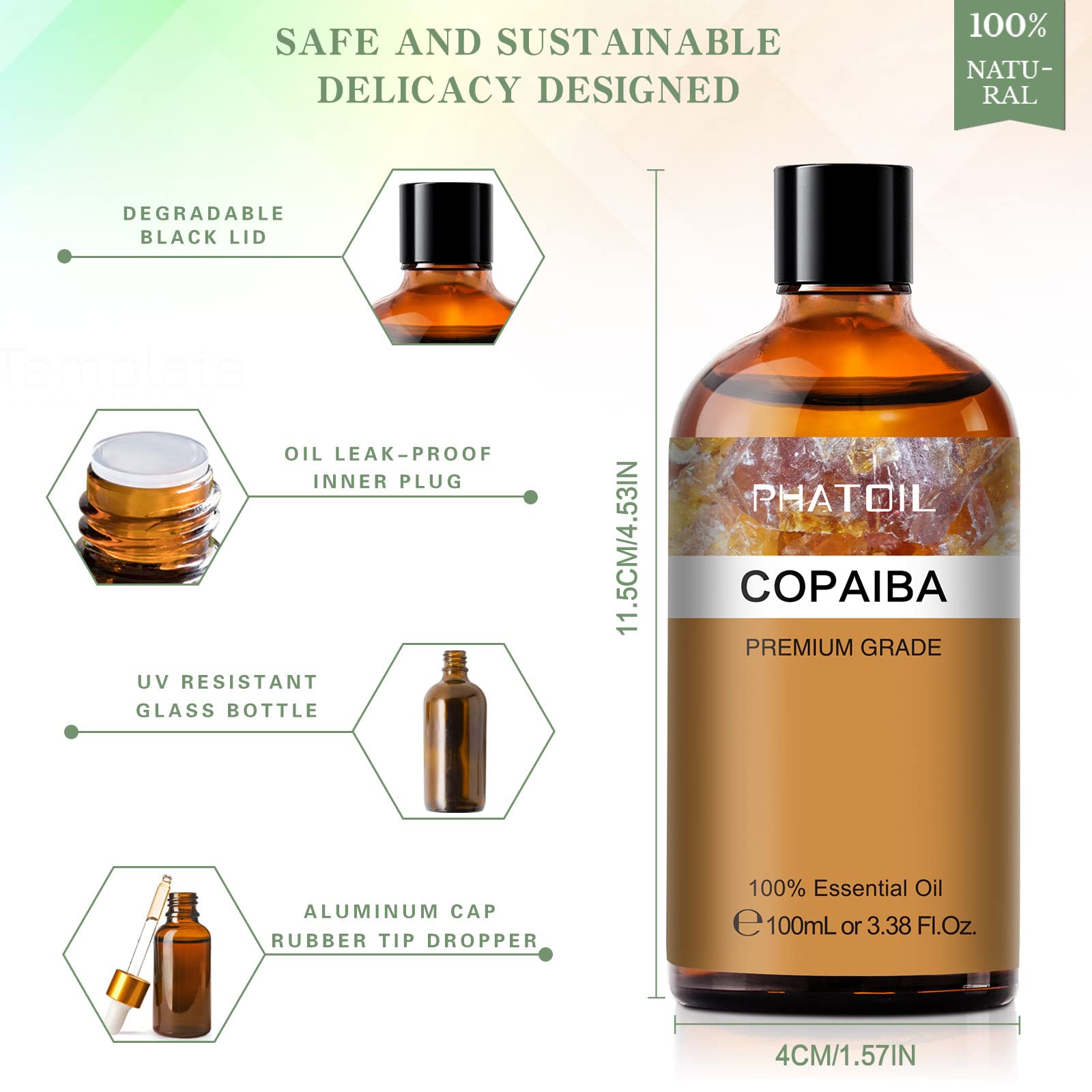 Pure Copaiba Essential Oil 3.38 fl oz (100ml) - PHATOIL Therapeutic Grade Aromatherapy Oil for Diffusers & Humidifiers - Perfect for DIY Soap Making, Candle Crafting & Bath Bombs - Relaxation, Stress Relief & Home Spa Experience