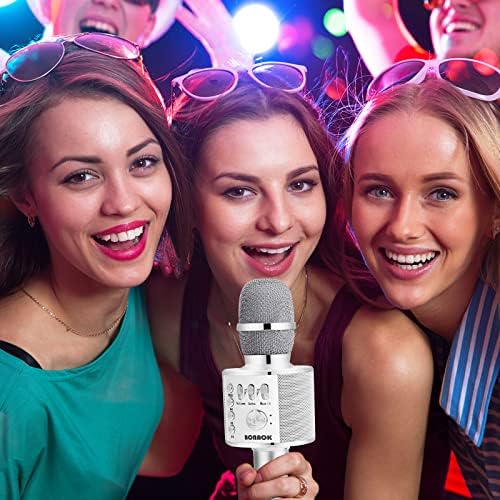 BONAOK Wireless Bluetooth Karaoke Microphone with Speaker - Portable 3-in-1 Handheld Mic for iPhone Android Smartphones, Perfect Gift for Kids Adults (Silver) - Ideal for Home Karaoke, Parties, Travel & Singing Practice