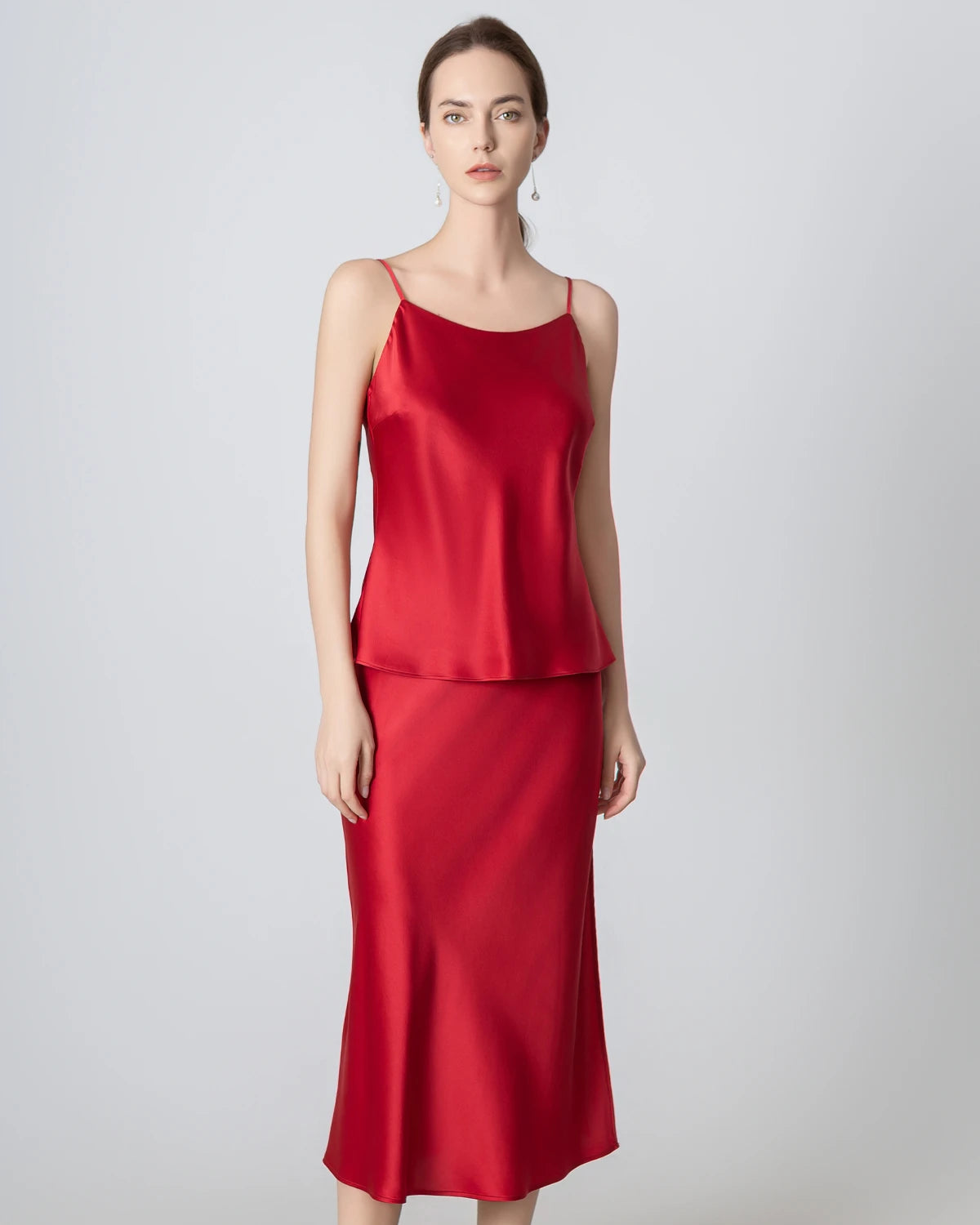 Luxury Round Neck Silk Camisole & Midi Skirt Set - Women's Elegant Satin Pajama Loungewear for Home, Sleep & Special Occasions