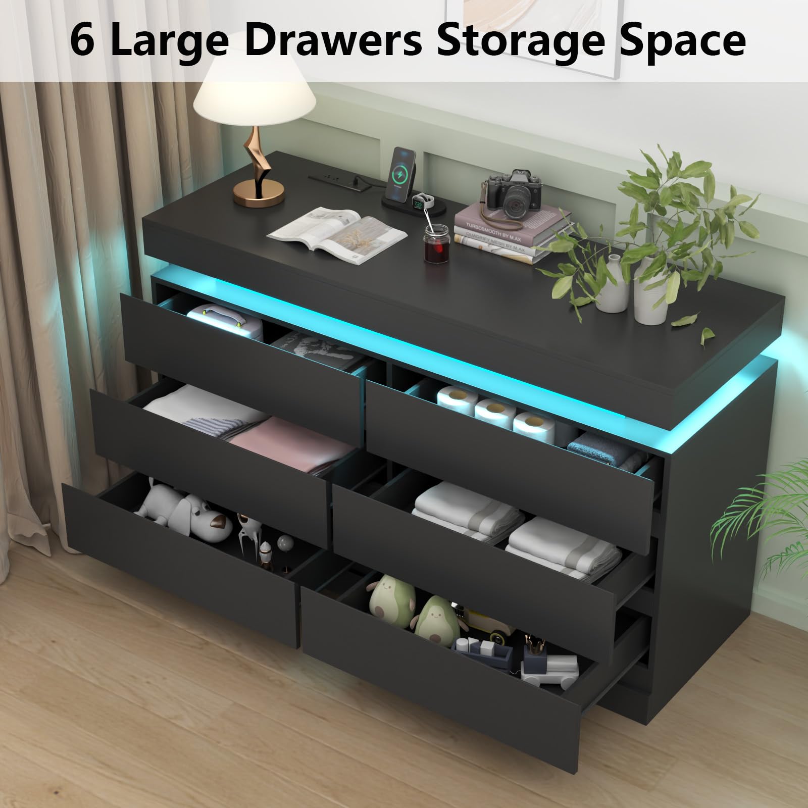 6-Drawer Dresser with Power Outlet & LED Lights - Modern Black Chest of Drawers with Double Wide Storage - Bedroom Closet Organizer Cabinet for Living Room, Entryway, Hallway - Perfect for Small Spaces & Apartment Decor