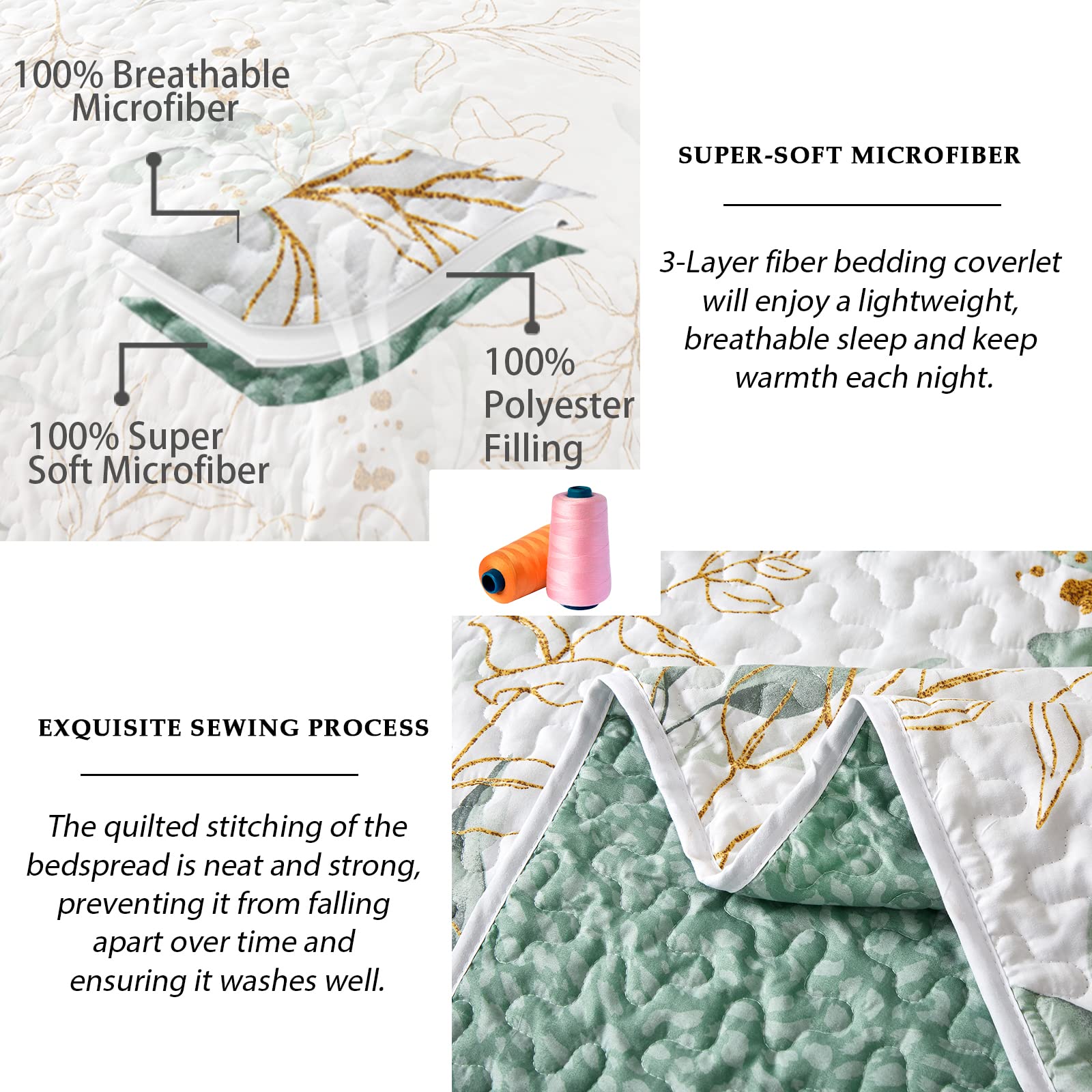 Green Botanical Queen Size Quilt Set - 3 Piece Reversible Soft All-Season Bedspread (96