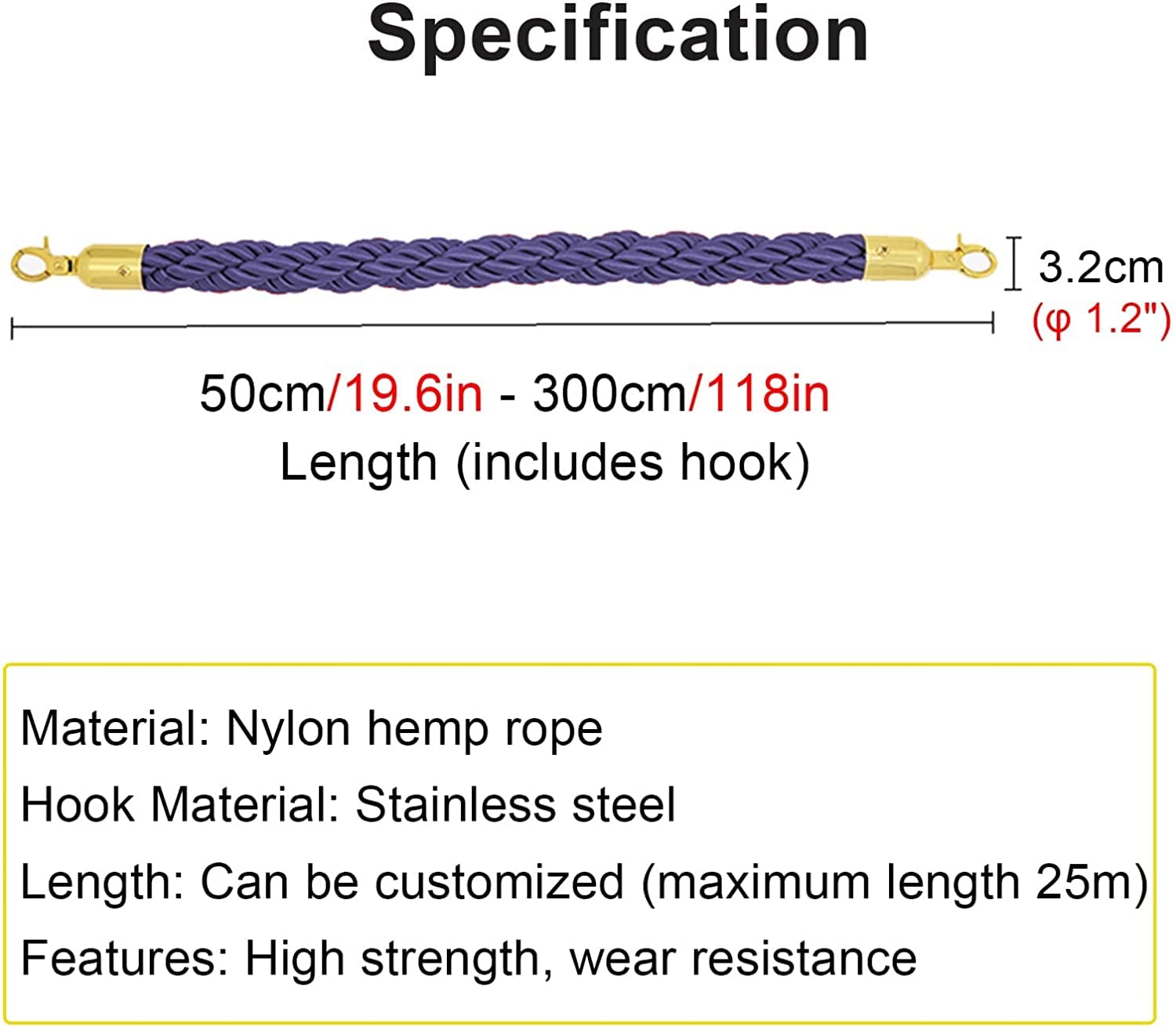 Premium Crowd Control Barrier Rope with Snap Hooks - 2m/6.56ft Purple Queue Line Divider for Movie Theaters, Exhibitions & Hotels - Durable Stanchion Rope for Event Management, VIP Sections and Public Safety