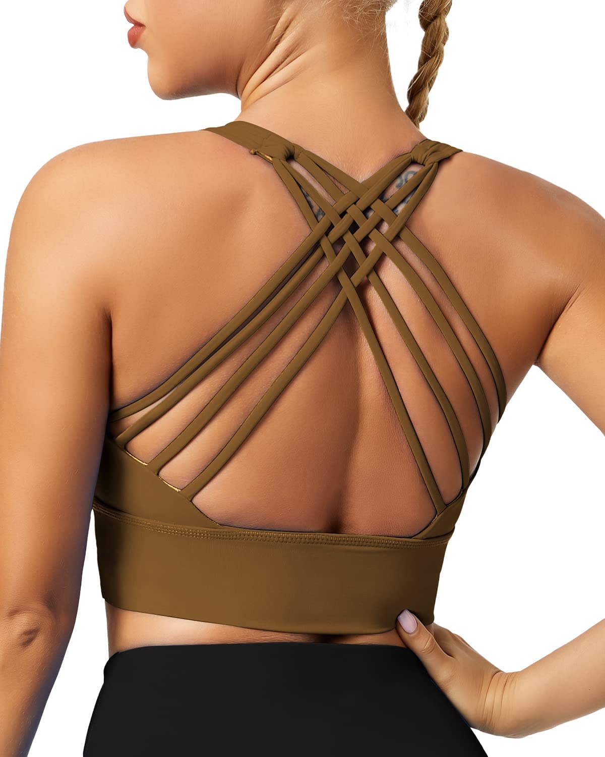 QUEENIEKE Women's Strappy Sports Bras - Padded Yoga Bra with Criss-Cross Back & Longline Workout Tank Top for Running, Gym, Yoga & Fitness Training