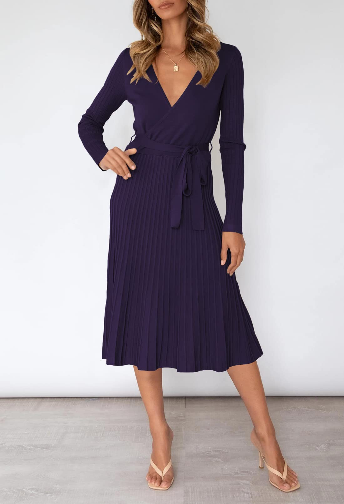 Pink Queen Women's Wrap Sweater Dress - V Neck Long Sleeve Ribbed Knit Midi Dress with Belt | Casual Office Wear, Fall Winter Outfits, Date Night Dresses