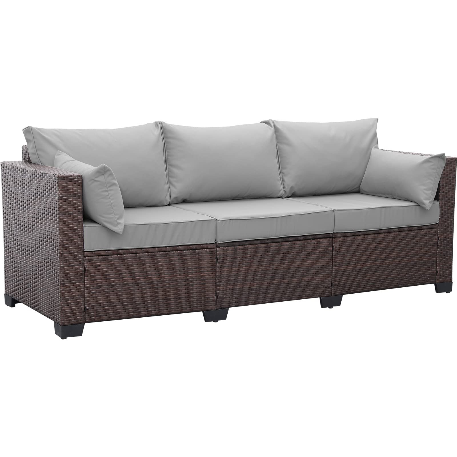 Premium 3-Seater Rattan Patio Sofa Set - Outdoor Deep Seat Couch with High Backrest, Waterproof Covers & Anti-Slip Light Grey Cushions - Perfect for Garden, Poolside, and Backyard Relaxation
