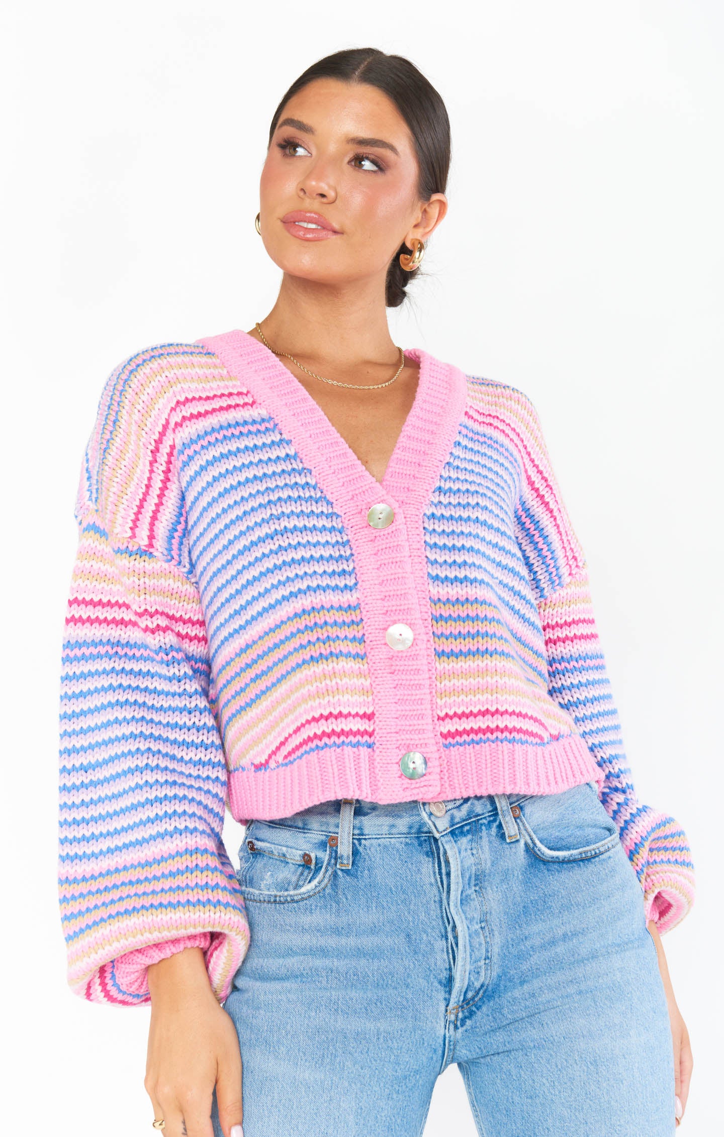 Good Karma Cardi - Pink Multi Stripe Women's Knit Cardigan | Cozy Loungewear & Casual Outfit for Fall & Winter