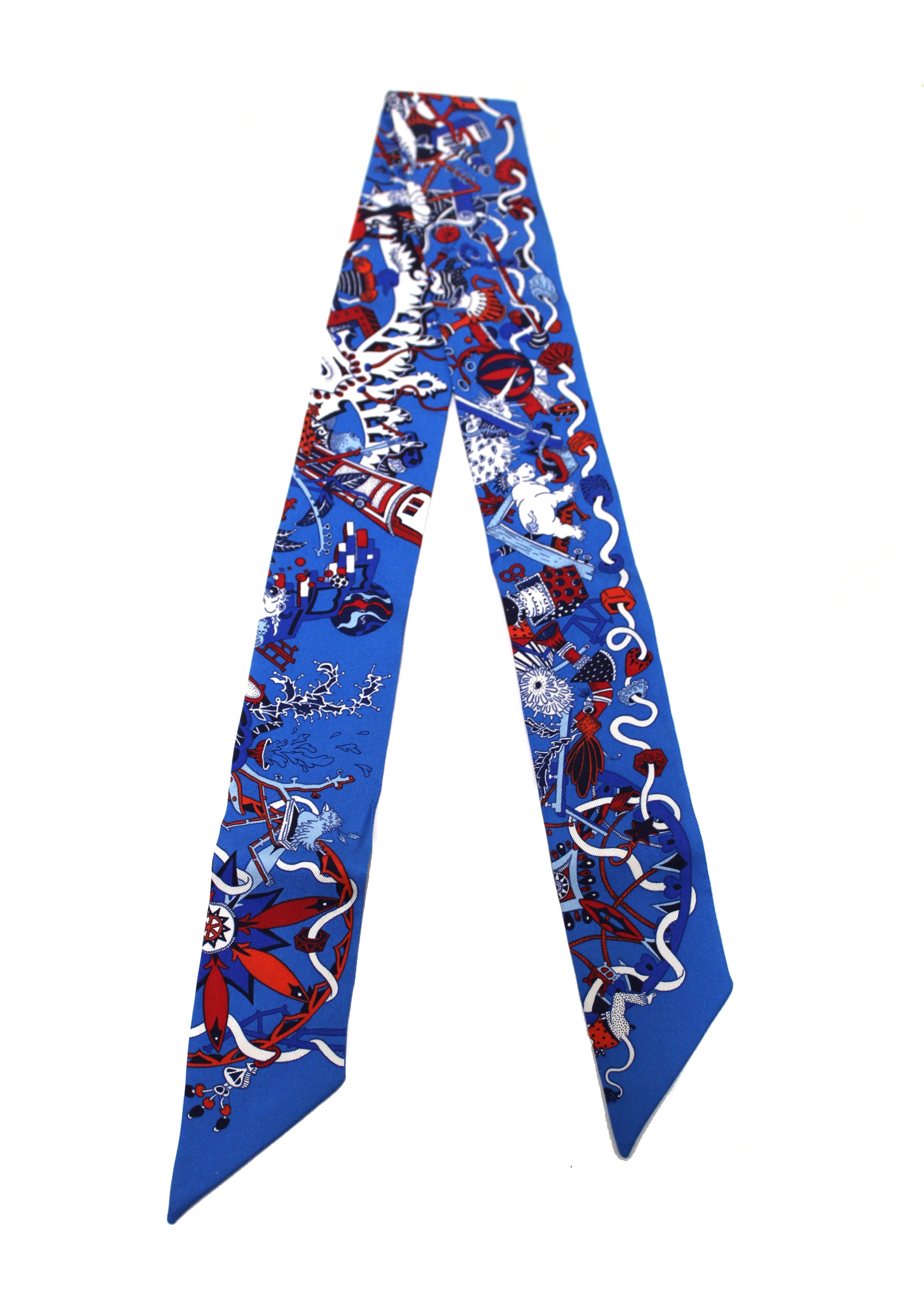 Authentic Hermes Silk Twilly Scarf - Blue, Red & White Narrow Logo Design | Perfect for Handbags, Hair Accessories & Gift Wrapping