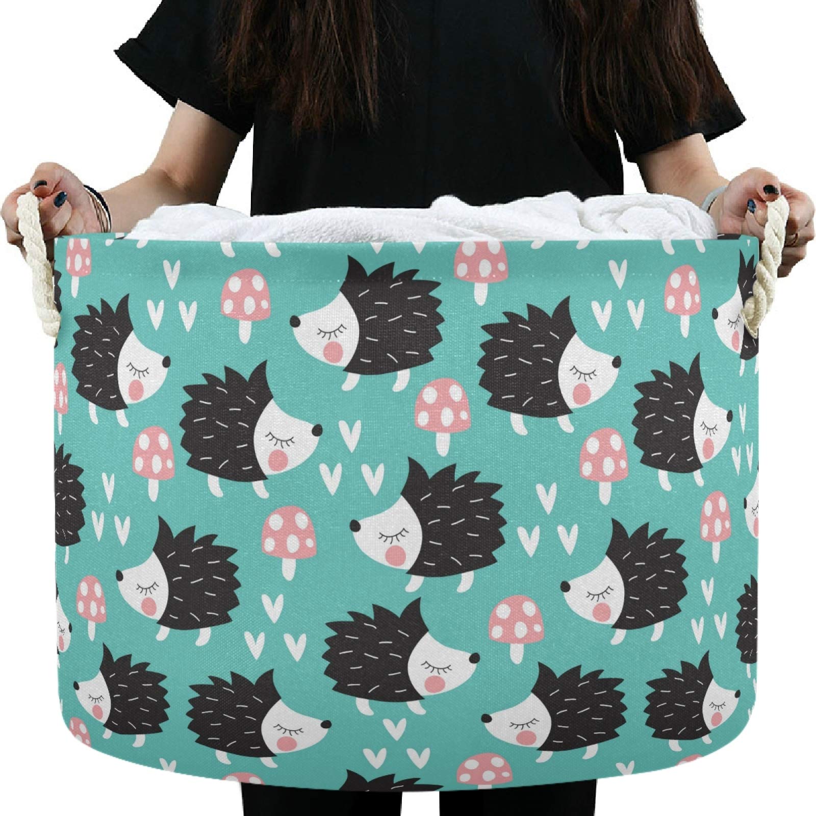 Visesunny Hedgehog Heart Mushroom Cartoon Storage Basket - Waterproof Canvas Fabric Toy Organizer Bin, Nursery Hamper & Laundry Basket for Kids Room, Playroom, Shelves - Perfect for Toy Storage, Clothes Organization & Gift Giving
