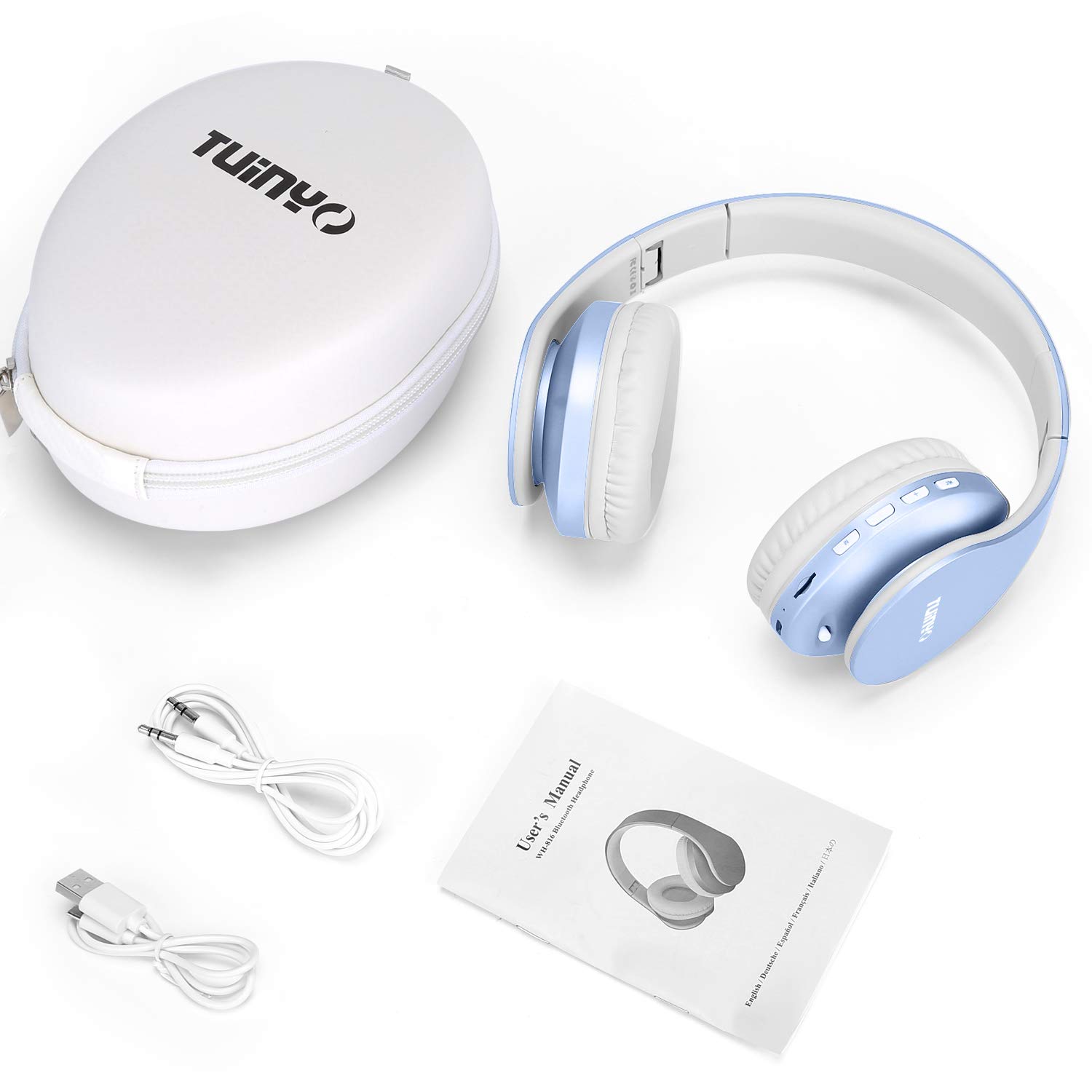 TUINYO Wireless Over-Ear Bluetooth Headphones with Microphone, Foldable Stereo Headset with Noise Cancelling - Light Blue | Perfect for Workouts, Travel & Office Use