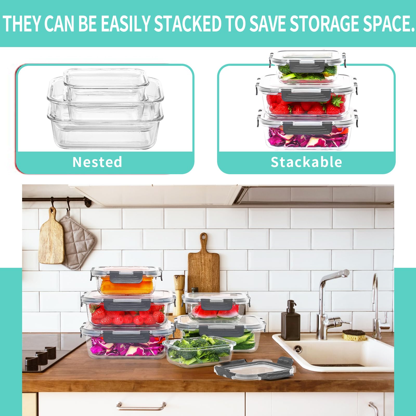 Skroam 10-Pack Glass Food Storage Containers with Lids - Airtight BPA-Free Meal Prep Containers for Lunch, Leftovers & Pantry Organization | Leak-Proof Kitchen Storage for Home, Office & On-the-Go Use