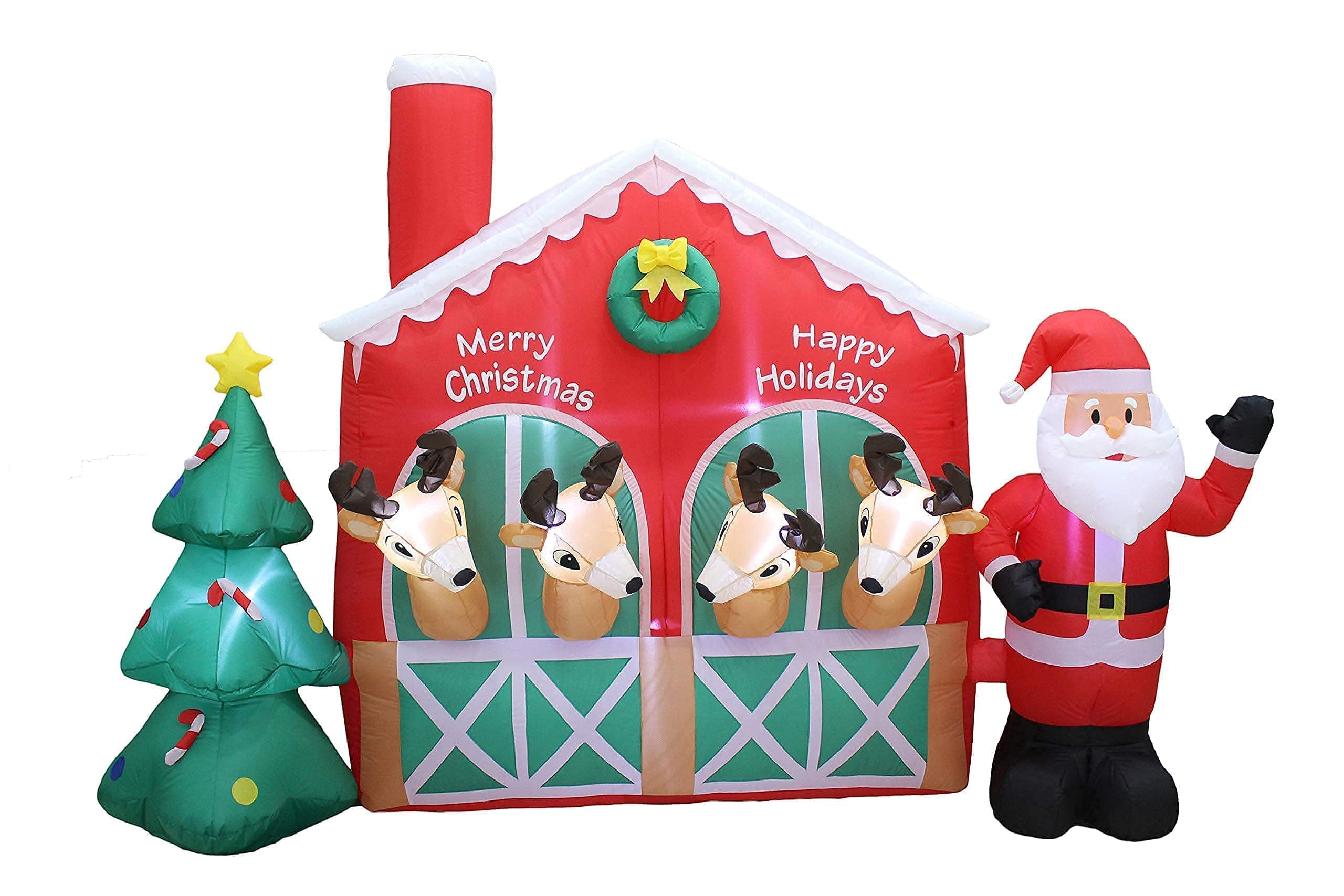9ft Inflatable Santa Claus Reindeer & Christmas Tree Decorations + 6ft Happy Birthday Cake with Candles - Outdoor Christmas & Birthday Party Decor Bundle for Yard, Garden, and Holiday Celebrations