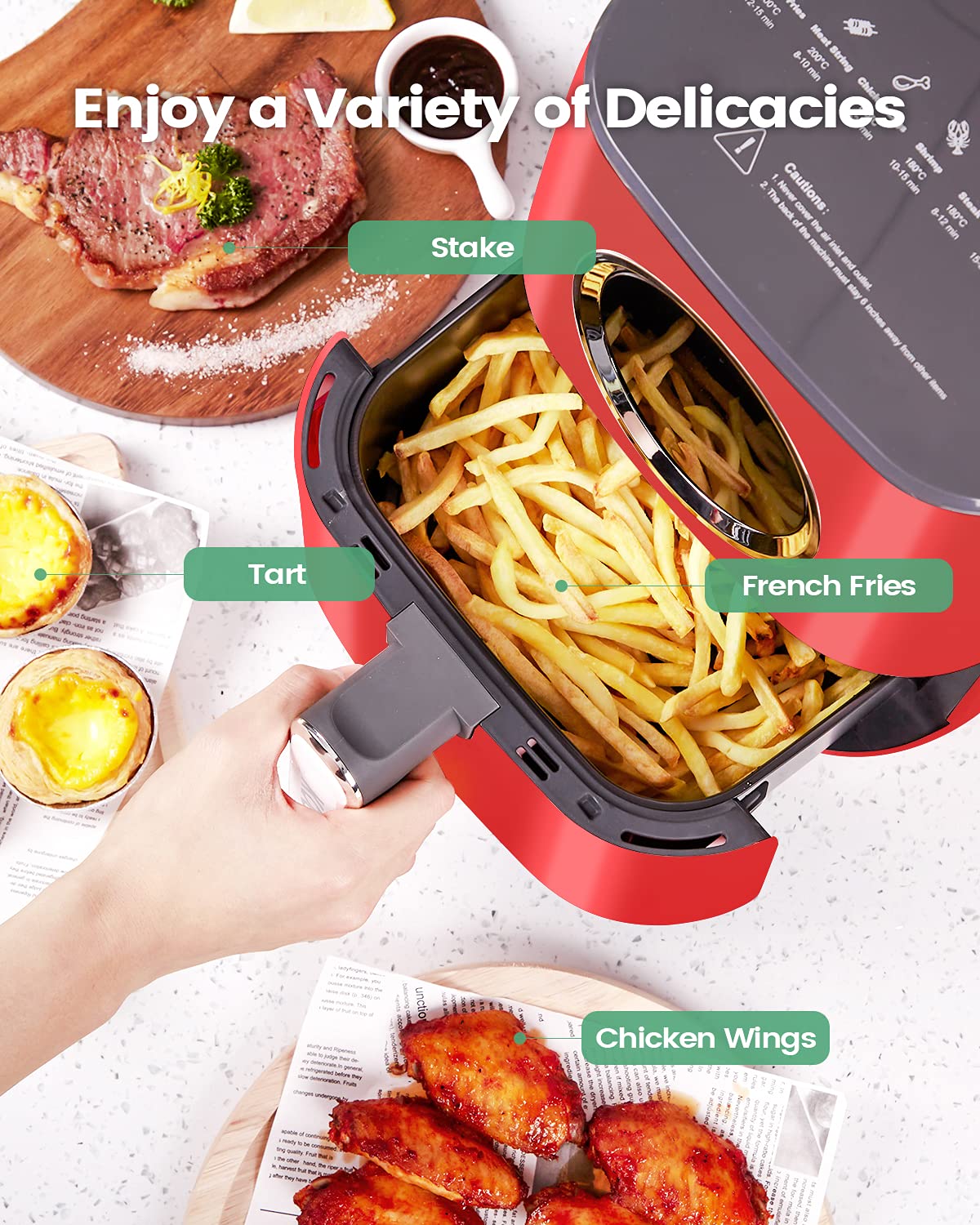 KOOC 4.5 Quart Large Air Fryer Oven - 8-in-1 Electric Hot Cooker with LED Touch Screen, Adjustable Temperature & Time, Nonstick Basket (Red) | Perfect for Healthy Frying, Baking, Roasting & Reheating Meals