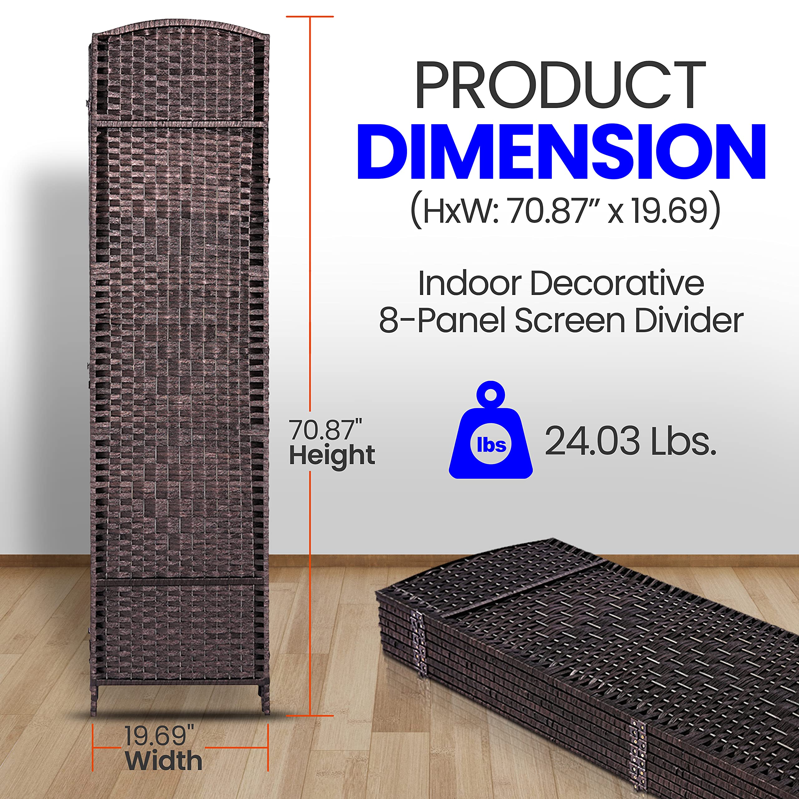 SereneLife 8-Panel Woven Fiber Room Divider - Freestanding Portable Folding Privacy Screen for Home, Office, Dressing Area & Indoor Decoration | Perfect for Creating Private Spaces, Room Separation & Stylish Home Decor