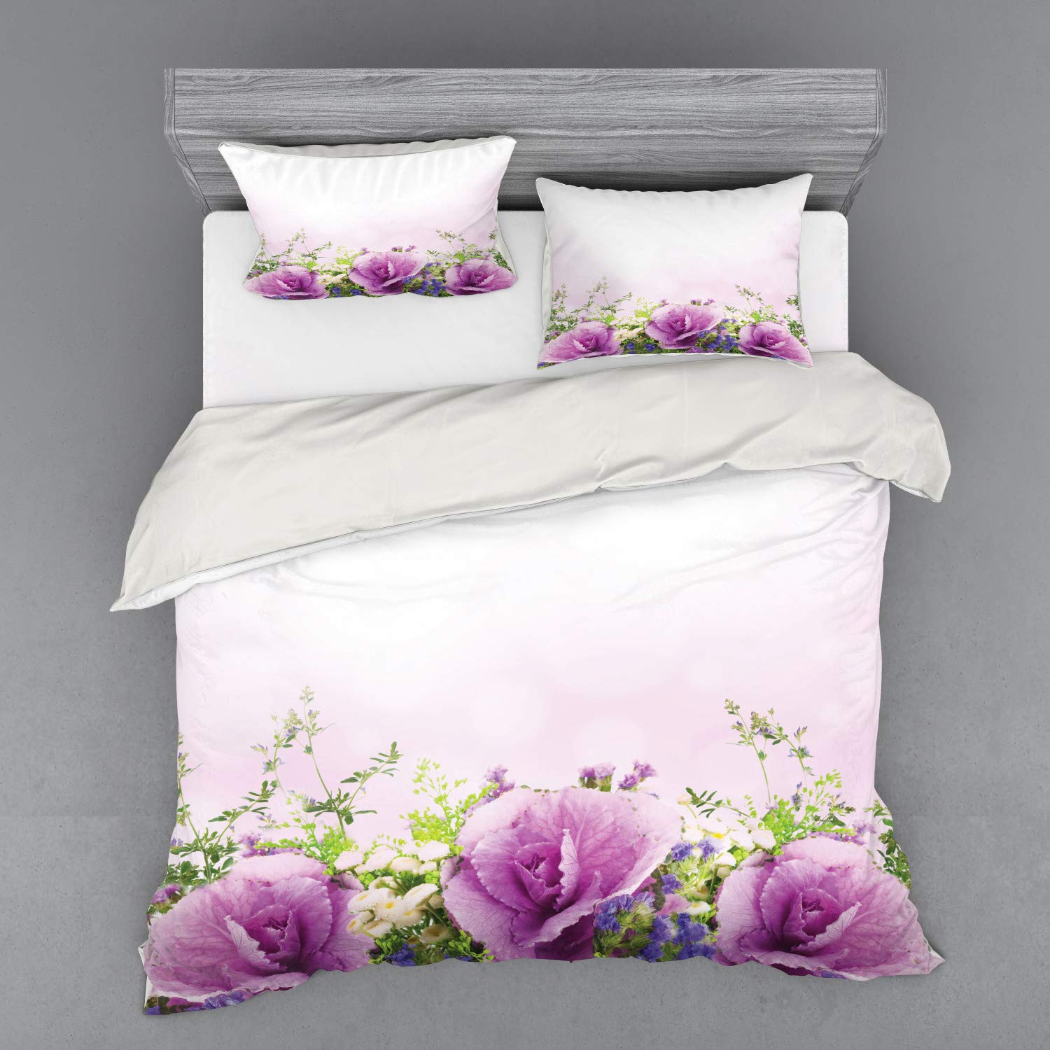 Ambesonne Floral Duvet Cover Set - 4 Piece King Size Bedding with Cabbage Rose Design in Lavender Green, Includes Shams & Fitted Sheet | Spring Bouquet Theme for Master Bedroom, Guest Room Decor