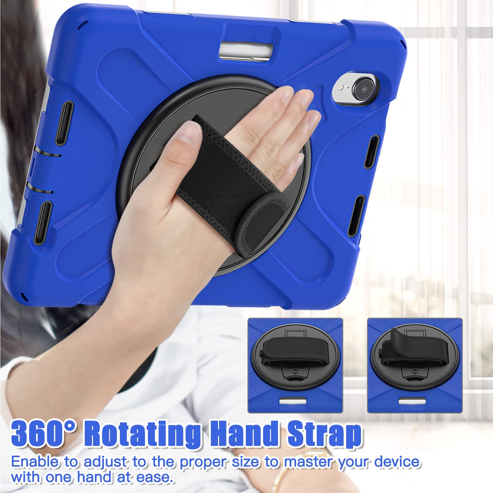 ZenRich iPad Mini 7 Case A17 Pro (2024) - Heavy Duty Shockproof Rugged Protective Cover for iPad Mini 7th/6th Generation with Pencil Holder, Kickstand, Hand Strap & Shoulder Belt - Perfect for Outdoor, Travel, Work & School (Blue)
