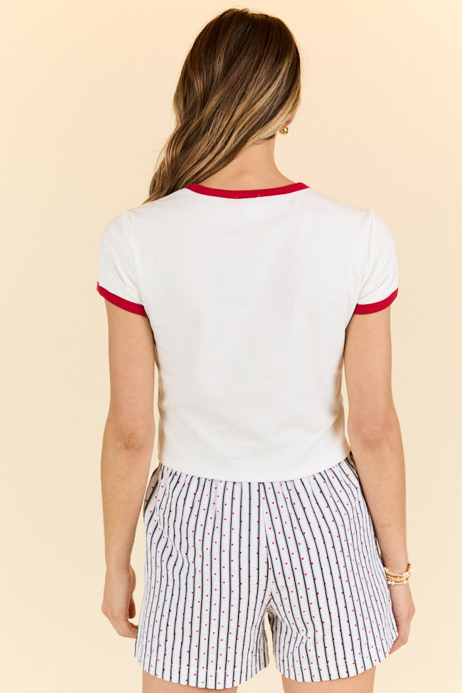 Stylish White Cropped Tee with 'Croissants For Dinner' Graphic - Trendy Casual Outfit for Women | Perfect for Streetwear, Date Night & Everyday Fashion