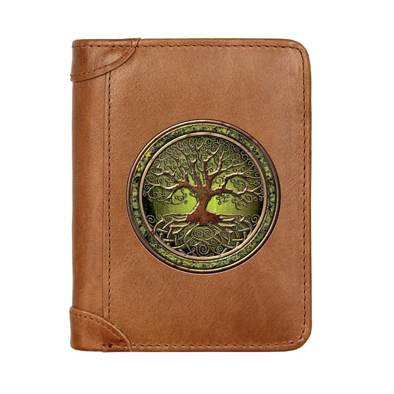 Men's Genuine Leather RFID Blocking Trifold Wallet with Coin Pocket - Viking Tree of Life Design, Brown | Slim Bifold Credit Card Holder for Everyday Carry & Travel
