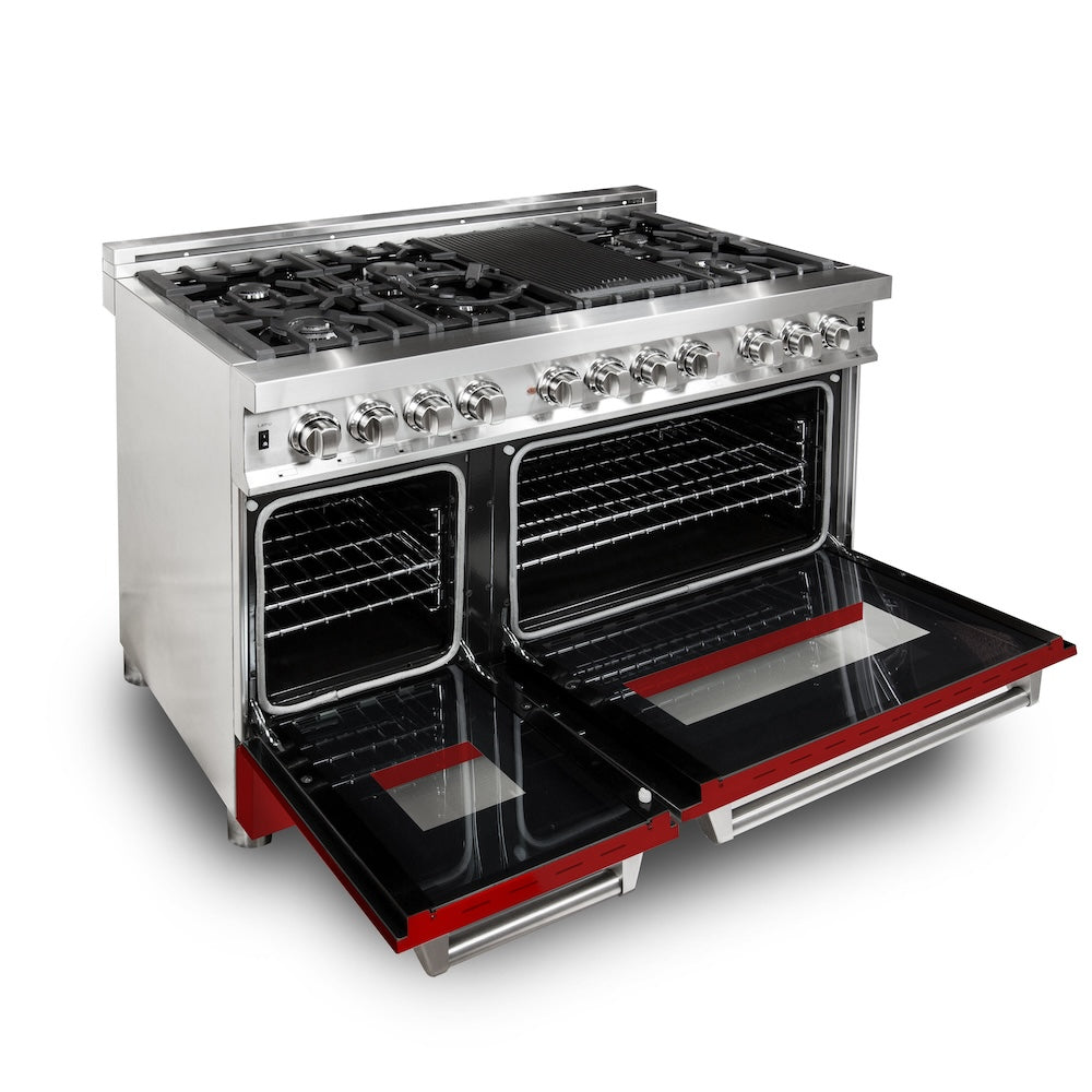 ZLINE 48-inch 6.0 cu. ft. Dual Fuel Range - 7 Burner Gas Cooktop & 2 Electric Ovens - Stainless Steel with Red Matte Doors (RA RM 48) - Perfect for Professional Home Kitchens & Modern Cooking Enthusiasts