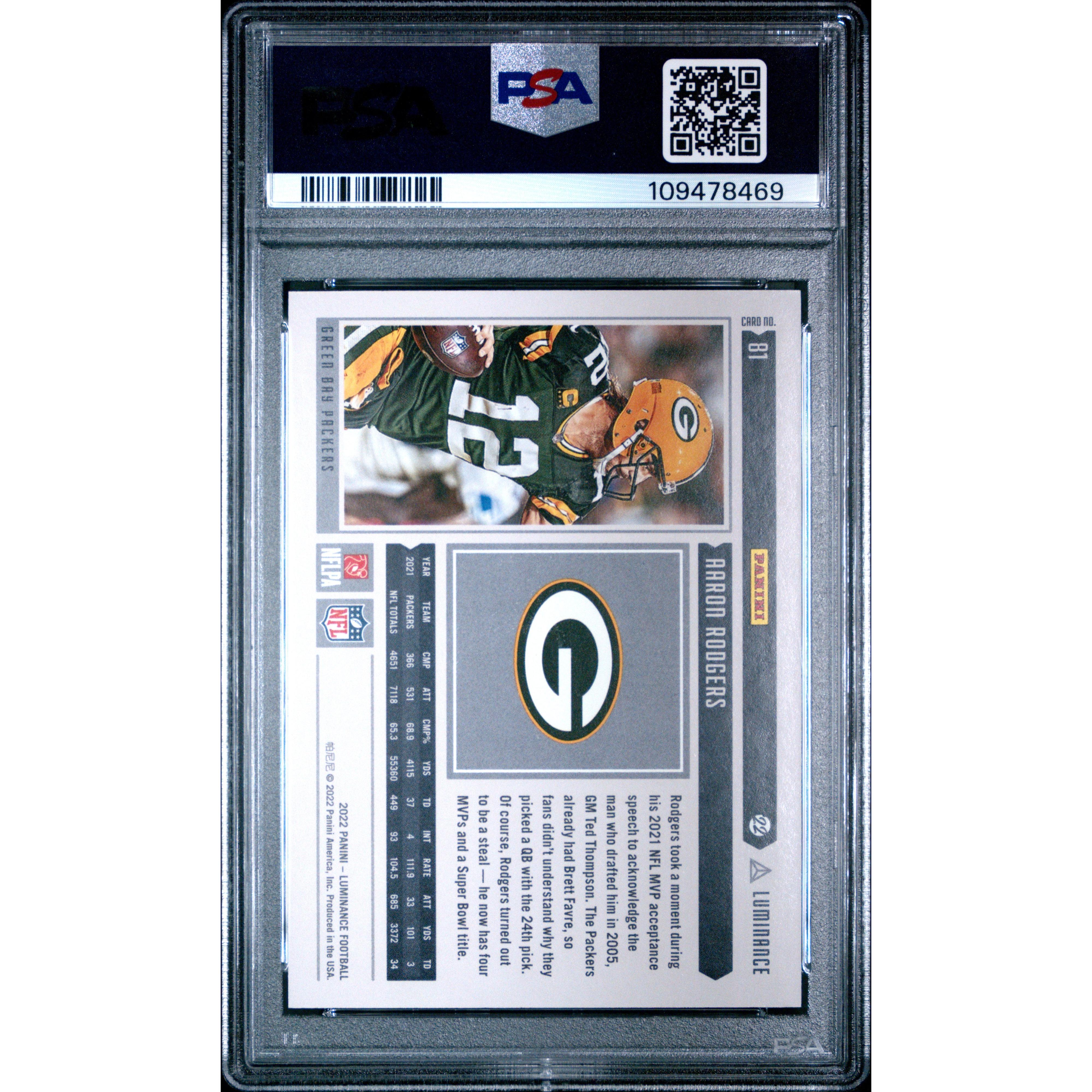 2022 SPORTS LUMINANCE AARON RODGERS GREEN BAY PACKERS #81 PSA 9 GEM MINT Football Trading Card - Perfect for Collectors, Investors & NFL Fans Display