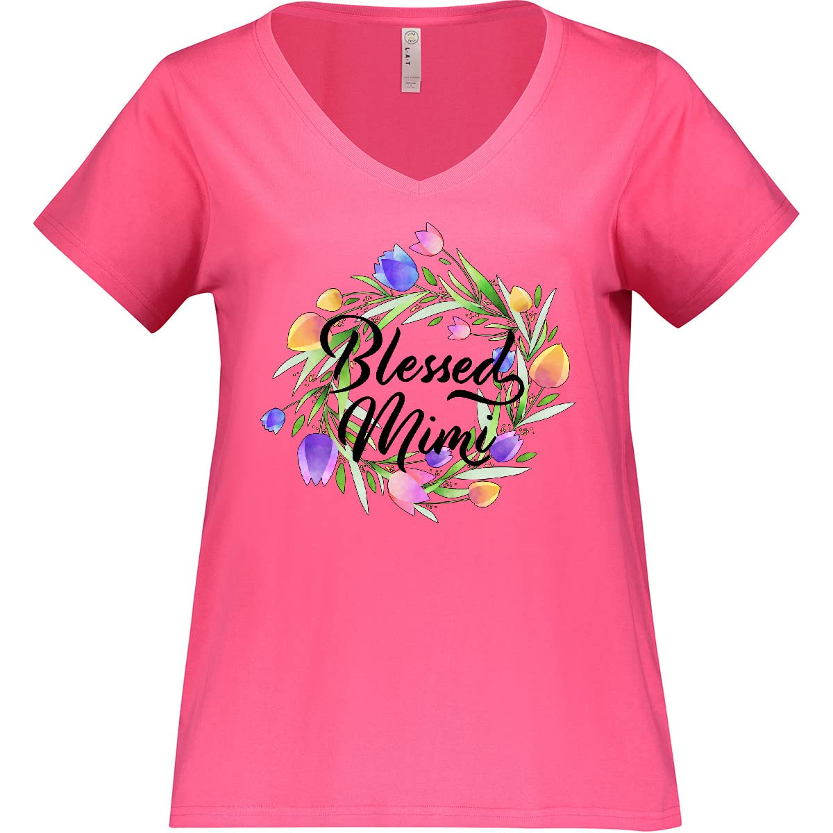 Inktastic Blessed Mimi with Pastel Tulips Women's Plus Size V-Neck T-Shirt - Comfortable Casual Top for Everyday Wear, Church, and Family Gatherings