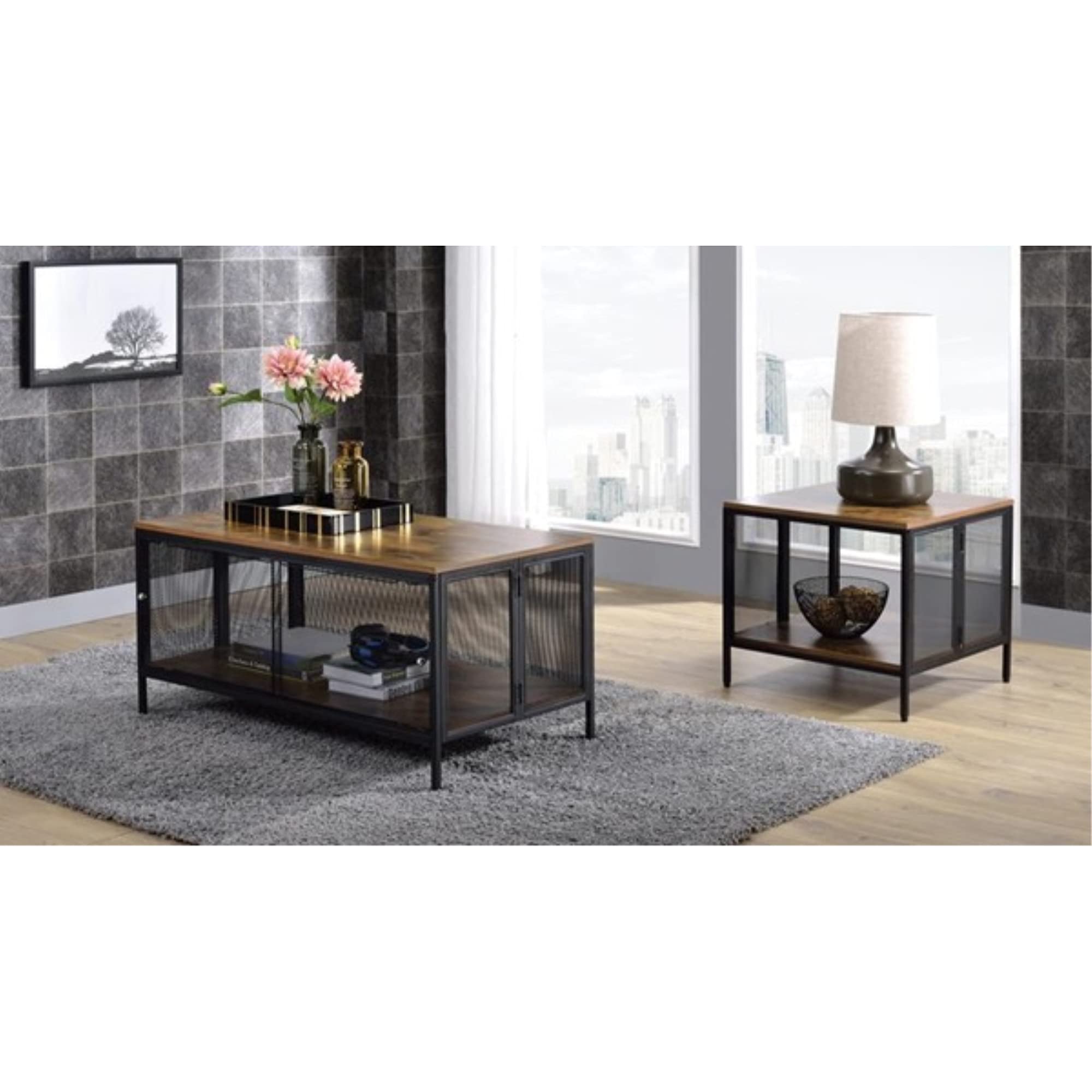 Vintage Oak & Black Coffee Table - Rustic Farmhouse Style for Living Room, Lounge & Office Decor