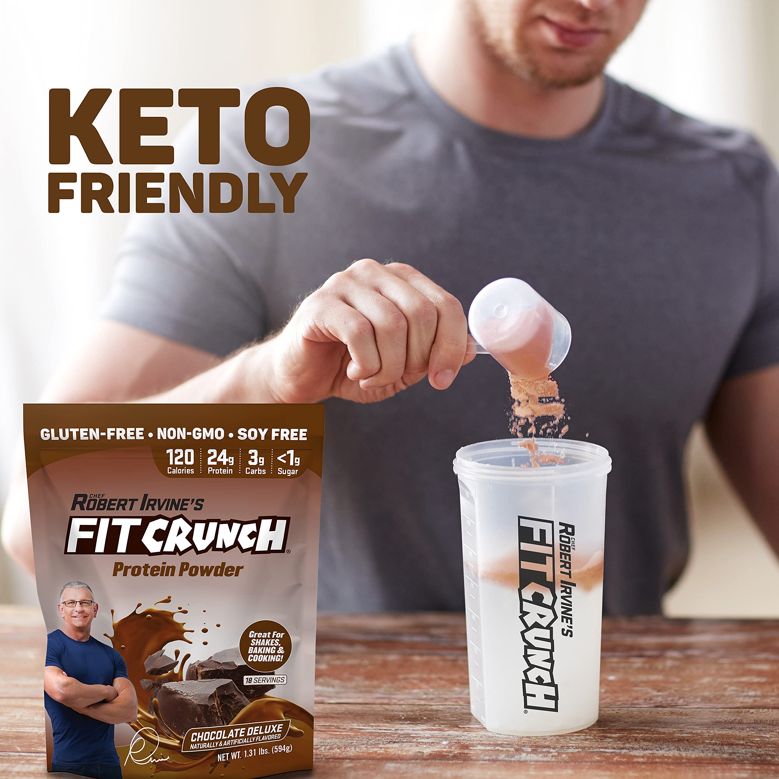 FITCRUNCH Tri-Blend Whey Protein Powder - Keto Friendly, Low Calorie, High Protein (18 Servings, Chocolate Deluxe) | Gluten Free & Soy Free Supplement for Weight Loss & Muscle Building - Perfect for Post-Workout Recovery & Healthy Snacking