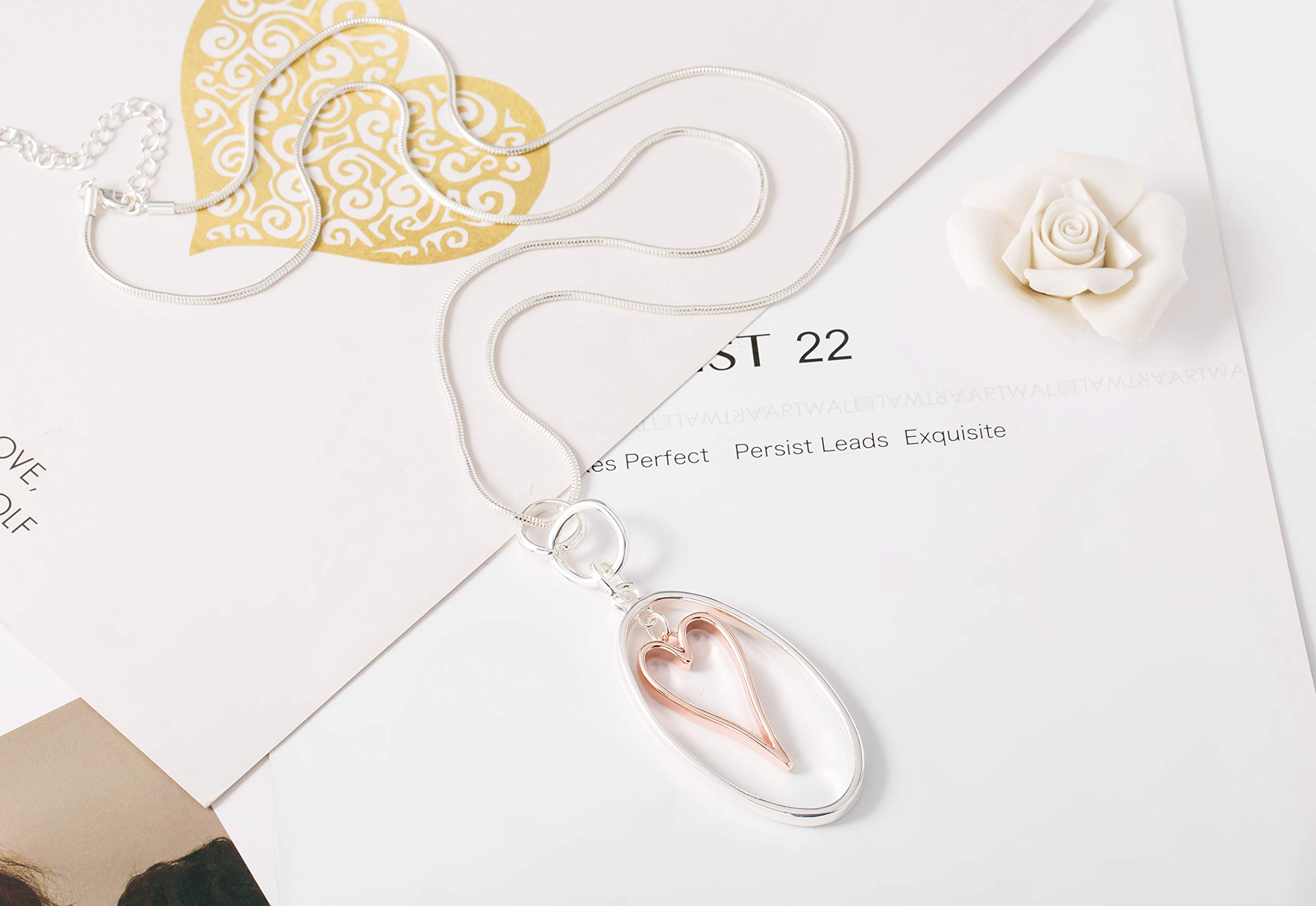 Elegant Heart Pendant Necklace for Women - Silver & Rose Gold Layered Lariat Chain with Gift Box | Perfect for Casual Wear, Date Nights & Special Occasions