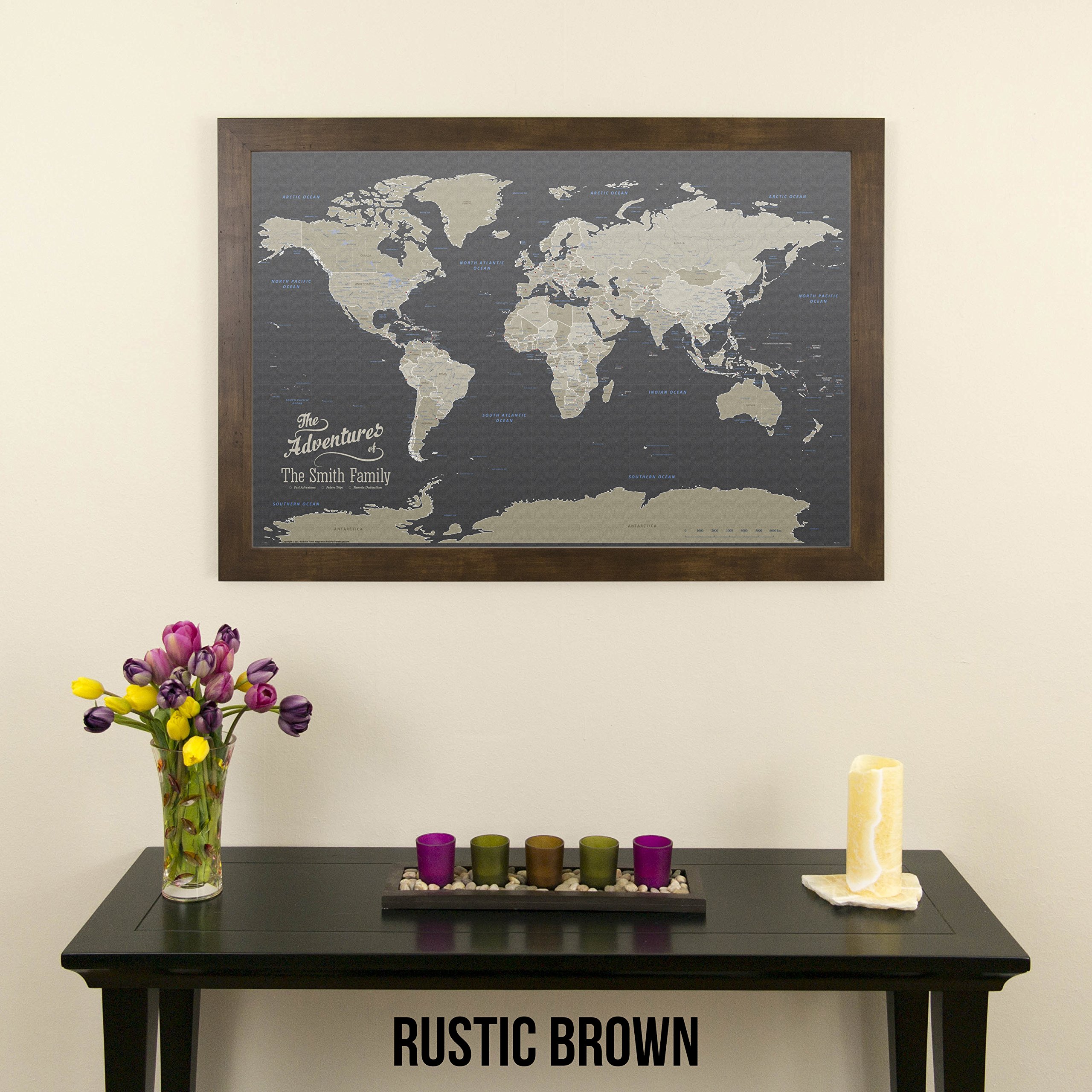 Personalized Earth-Toned World Push Pin Travel Map - Rustic Brown Framed Canvas Wall Art for Home Office Decor & Travel Enthusiasts | Perfect Gift for Adventurers & Wanderlust Lovers