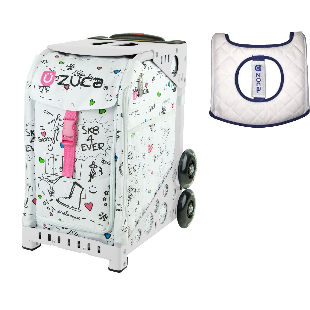 ZUCA Sport Bag with Skateboard Wheels & Gift Seat Cover - Durable White Frame for Skating, Travel & School - Perfect for Skateboarders, Students & Commuters