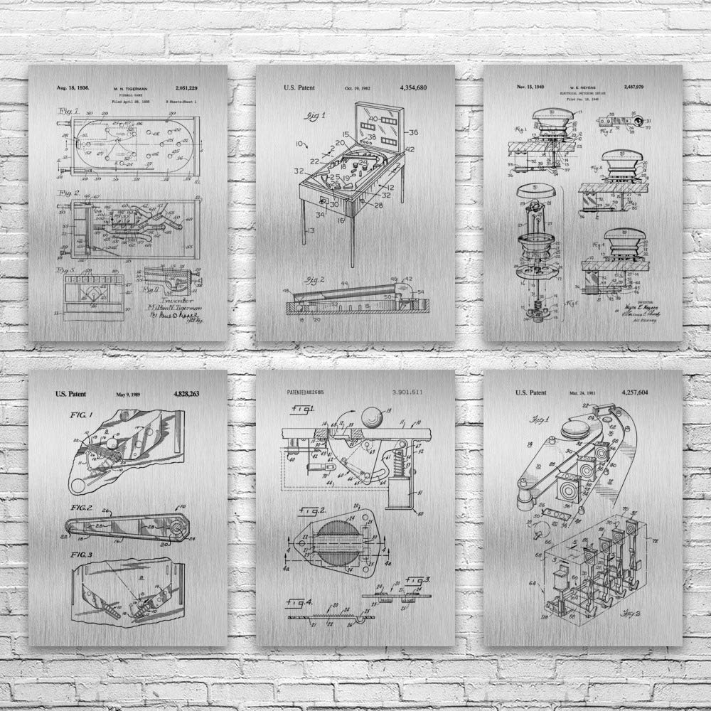 Vintage Pinball Machine Patent Posters Set of 6 - 24x36 Inch Blueprint Wall Art for Arcade Room Decor, Retro Gaming Gifts for Men & Pinball Enthusiasts - Perfect for Game Rooms, Man Caves & Home Theaters