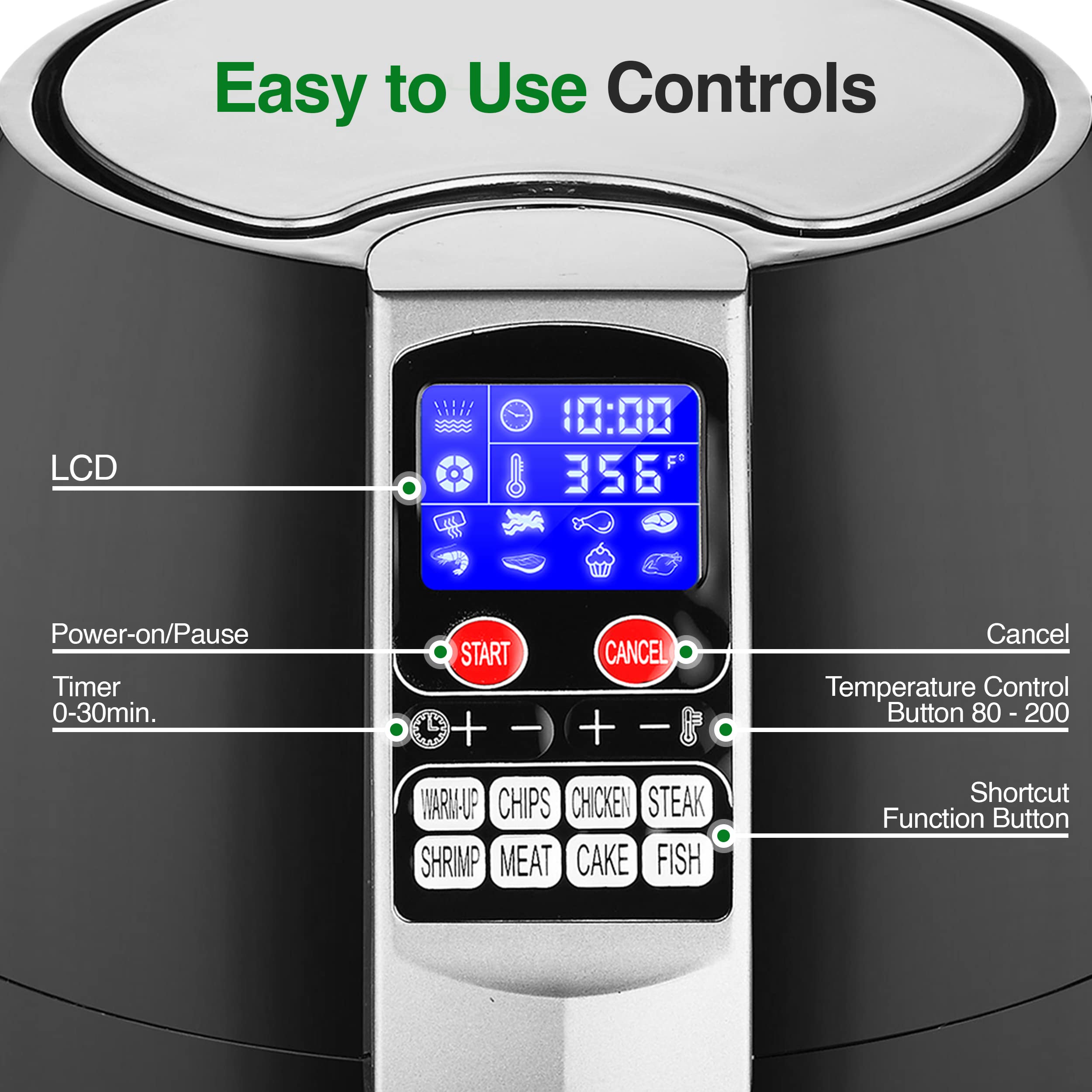 NutriChef 3.7 Qt Digital Air Fryer Oven - Stainless Steel Oil-Free Convection Cooker with Basket Pan for Healthy Frying, Baking & Grilling | Perfect for Family Meals, Quick Snacks & Low-Fat Cooking (Black)