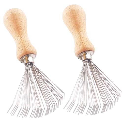 AMERWASH PLUS Natural Wood Handle Hair & Beard Brush Cleaner with Stainless Steel Rake Prongs - 2 Pack Set for Salon, Home & Travel Grooming Essentials