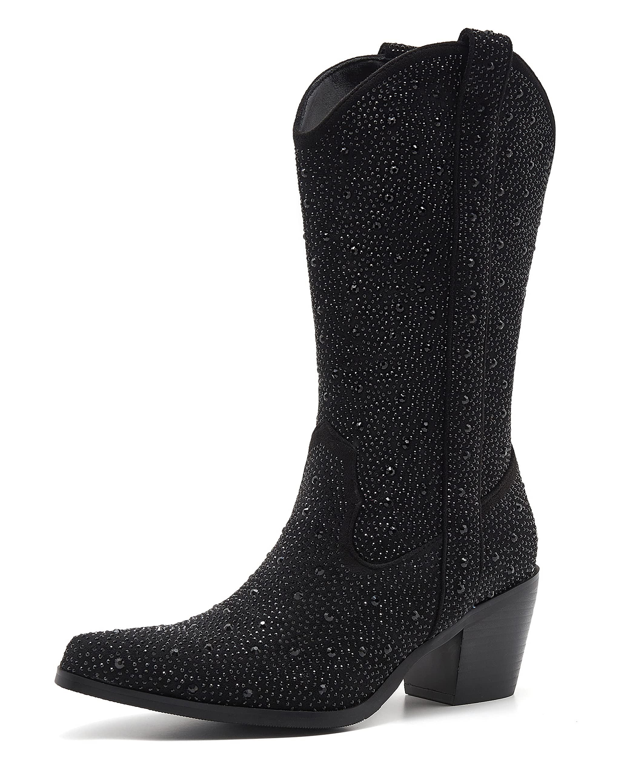 Sparkling Rhinestone Cowgirl Boots for Women - Black Mid Calf Cowboy Boots with Almond Toe & Chunky Heel | Perfect for Country Concerts, Line Dancing & Western Fashion (Size 7)