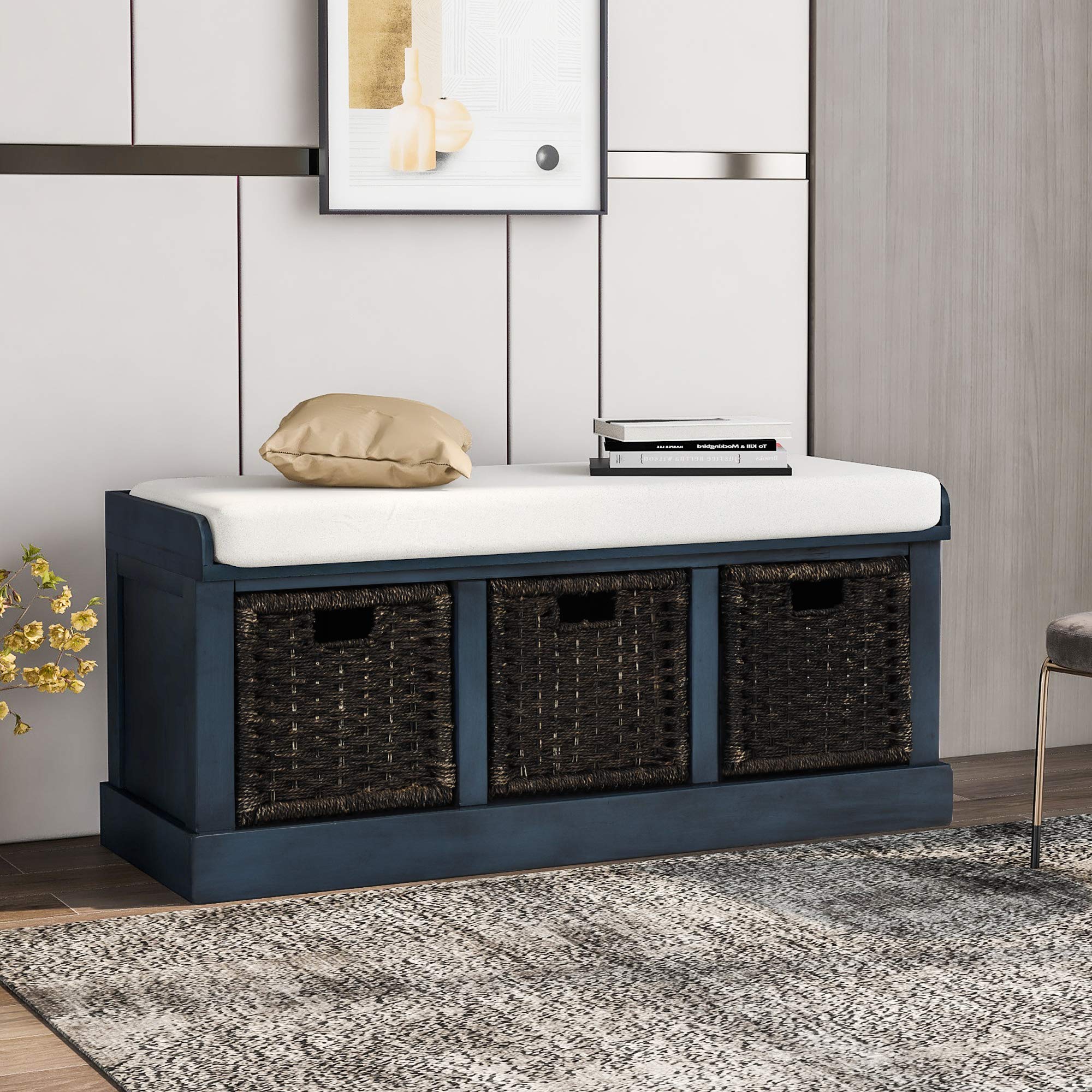 Rustic Storage Bench with 3 Removable Rattan Baskets & Cushion - Entryway, Hallway, Mudroom, Living Room Bench - Perfect for Organizing Shoes, Blankets & Home Decor (Blue)