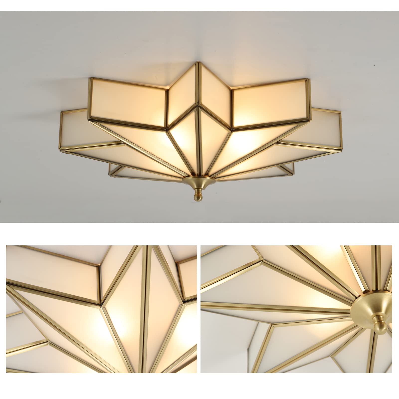 Vintage Star-Shaped Antique Brass Flush Mount Ceiling Light Fixture - 4-Light Bedroom Lighting with Frosted Glass Shade (Bulbs Included) - Perfect for Bedroom, Living Room, Dining Room & Hallway Lighting