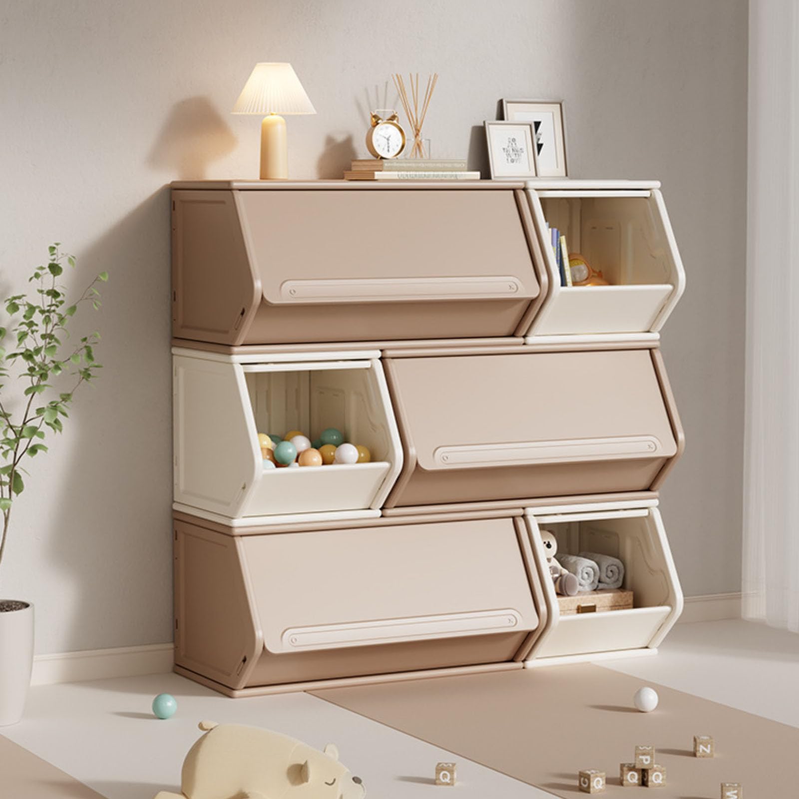 Stackable Plastic Storage Cabinet with Flip-Up Doors - Lightweight Organizer for Home, Office, School & Dorm - Hidden Storage Solution for Bedroom, Coffee Station & Small Spaces