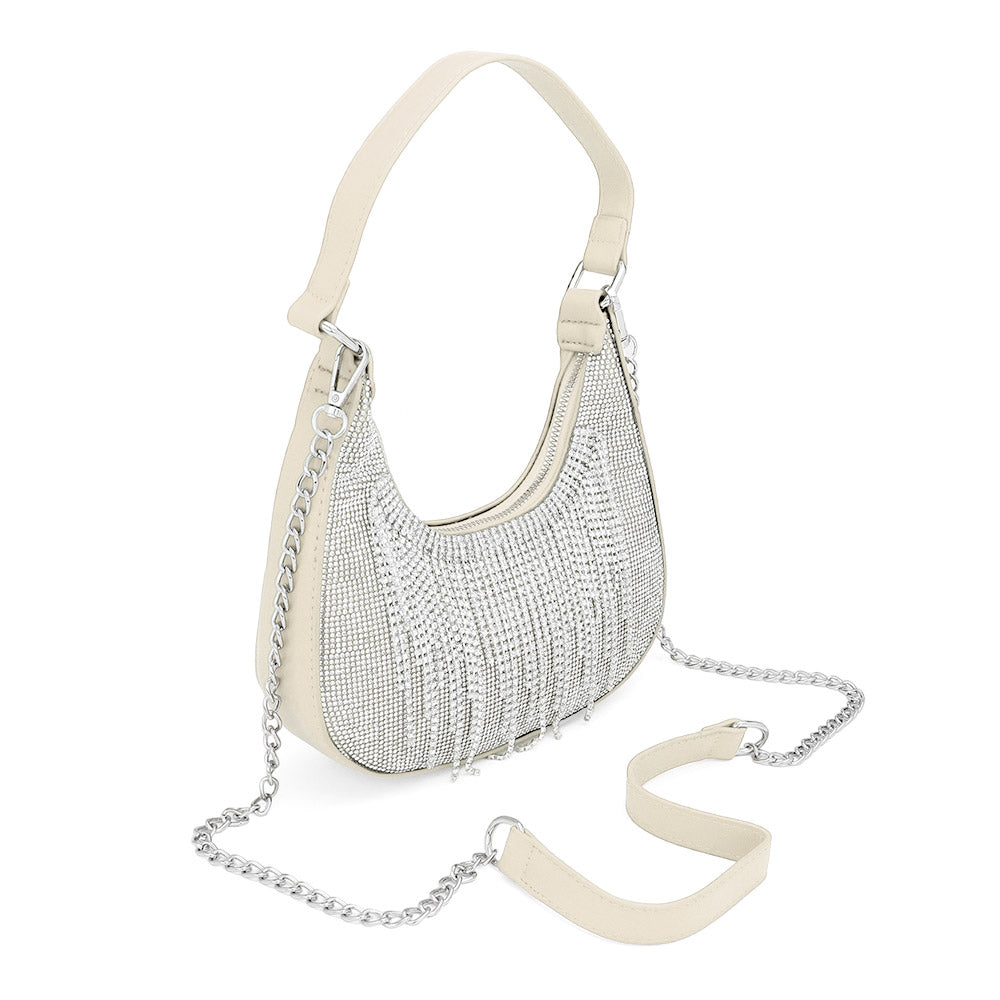 Sparkling White Rhinestone Fringe Evening Bag for Women - Elegant Shoulder & Crossbody Purse for Party, Wedding, Prom Night and Special Occasions