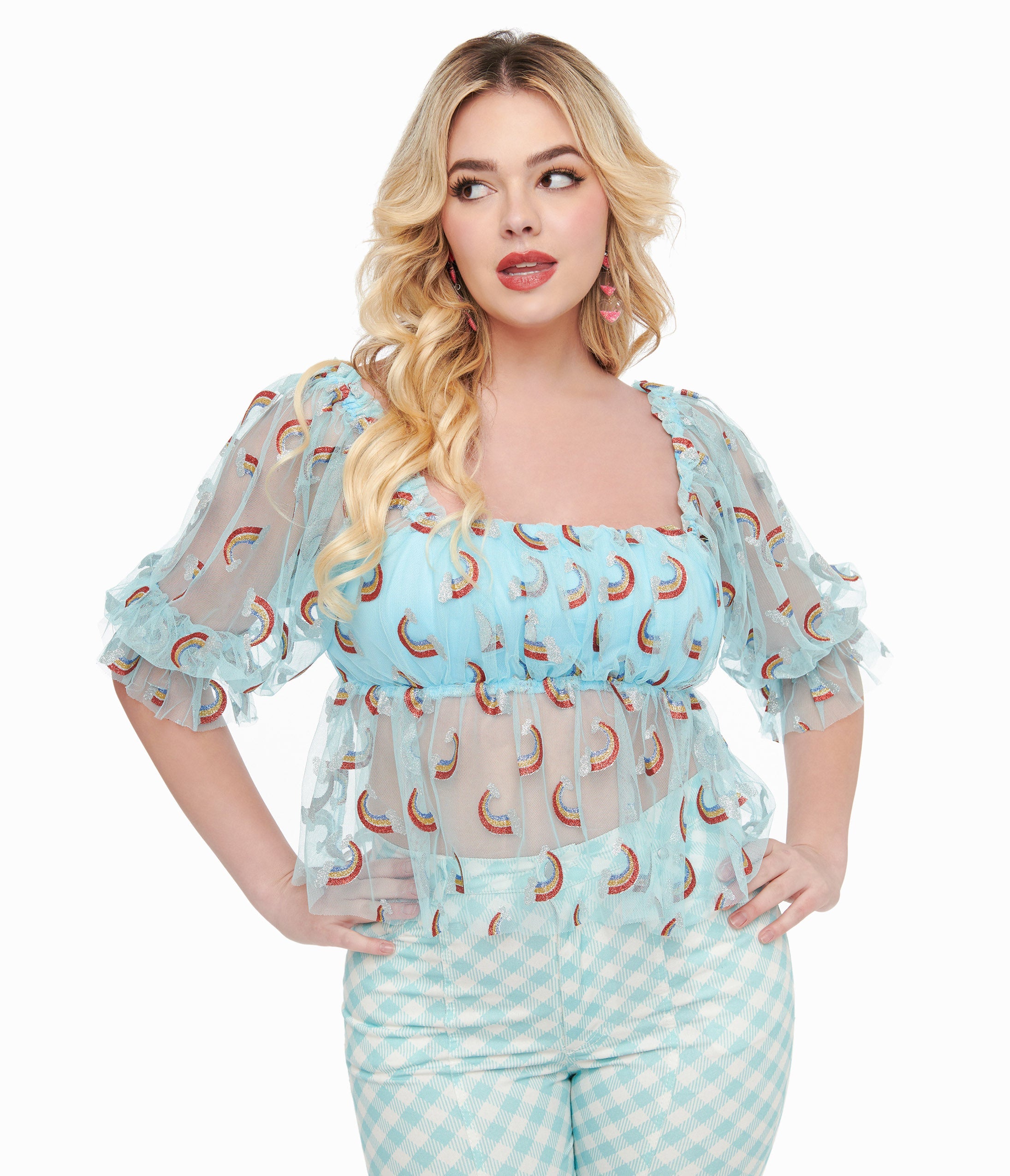 Smak Parlour 1960s Vintage Sky Blue Glitter Rainbow Mesh Ruffle Babydoll Top - Retro 60s Inspired Party Top for Women, Perfect for Music Festivals, Costume Parties & Vintage Fashion Lovers