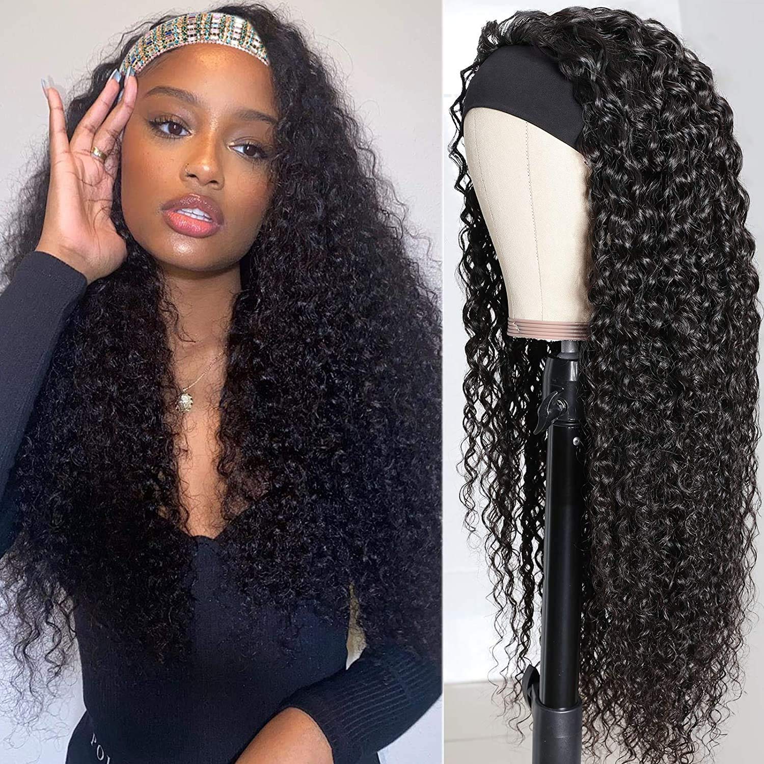28 Inch Deep Wave Headband Wig - Brazilian Virgin Human Hair, Glueless Machine Made, No Lace Front - Perfect for Black Women | Great for Daily Wear, Parties & Special Occasions